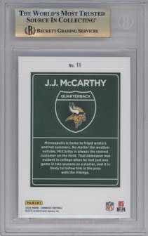 J.J. McCarthy from the 2024 Donruss set graded by Beckett and given an overall grade of 9.5.