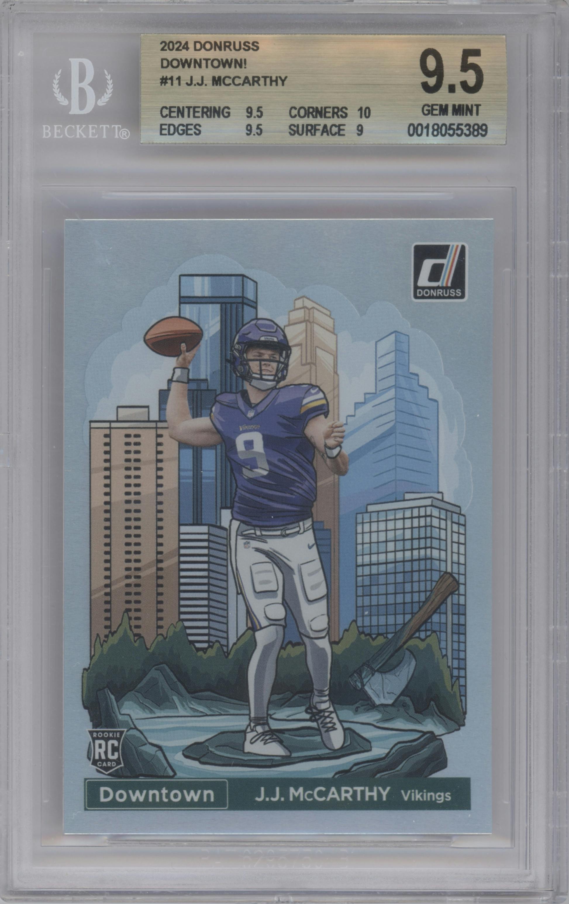 J.J. McCarthy from the 2024 Donruss set graded by Beckett and given an overall grade of 9.5.