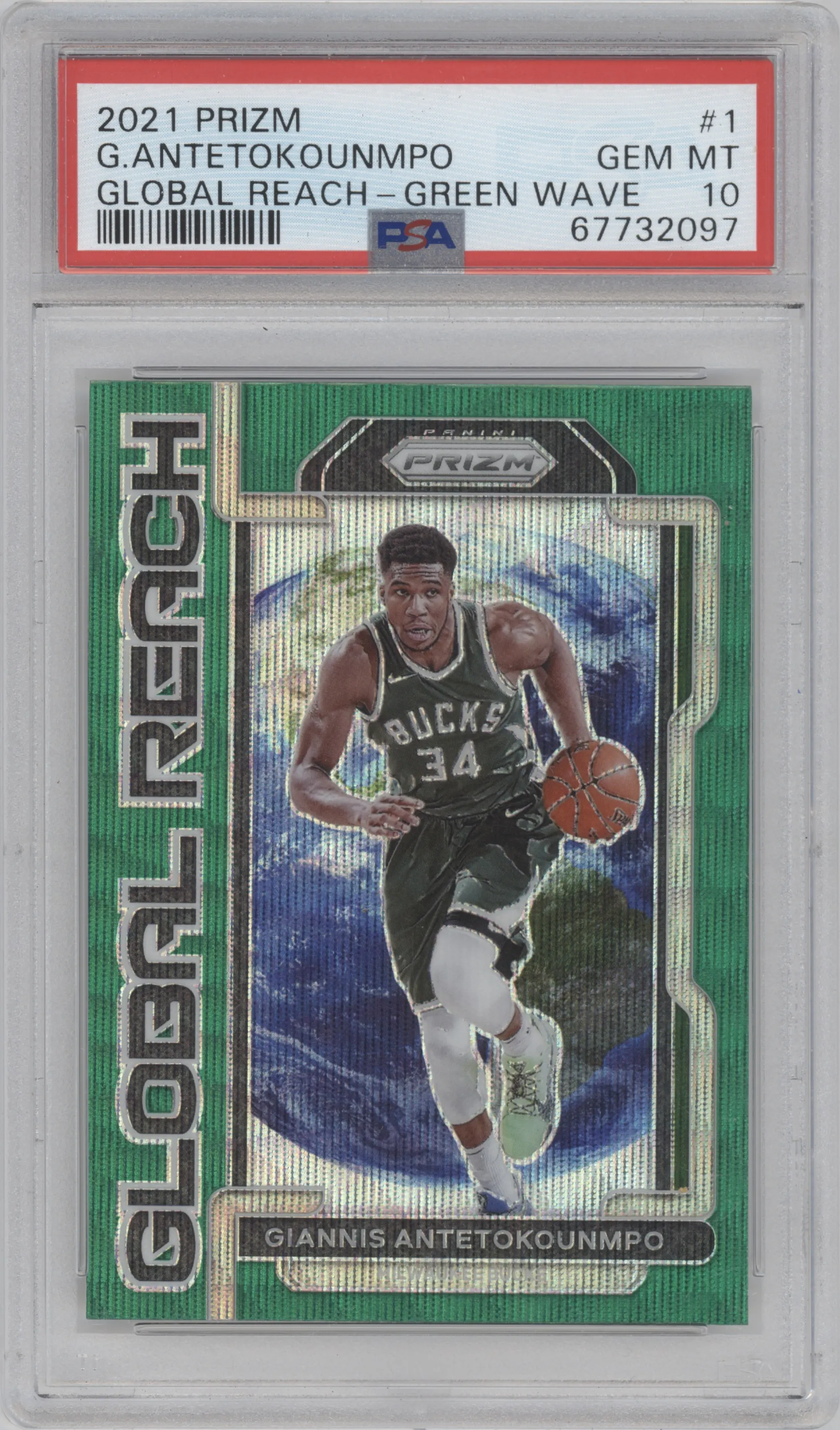 2021 Panini Prizm Global Reach Giannis Antetokounmpo Green Wave #1 PSA 10
