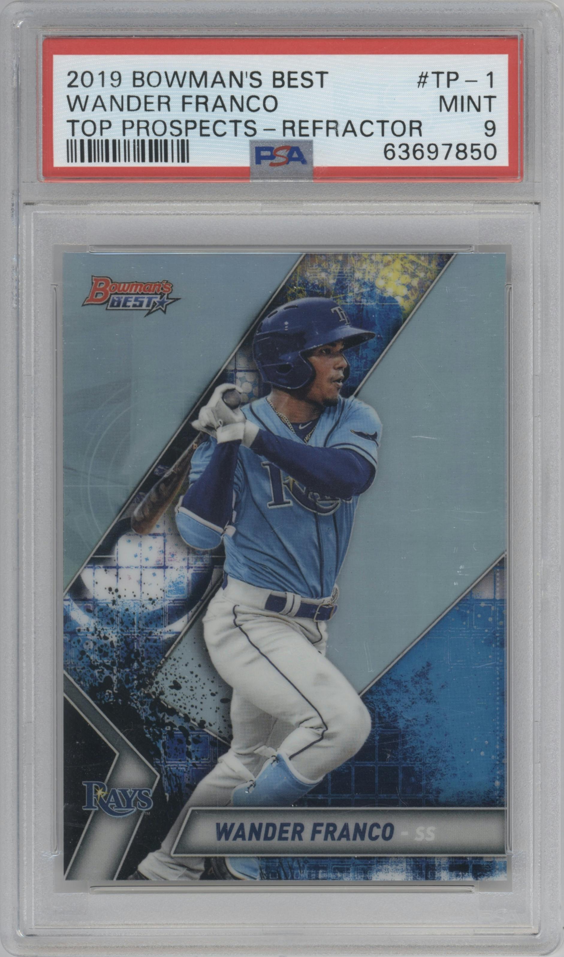 Wander Franco from the 2019 Bowman’s Best set featuring a Refractor parallel graded by PSA and given an overall grade of 9.