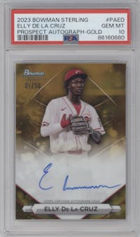  Elly De La Cruz from the 2023 Bowman Sterling set featuring a Gold Refractor parallel graded by PSA and given an overall grade of 10.