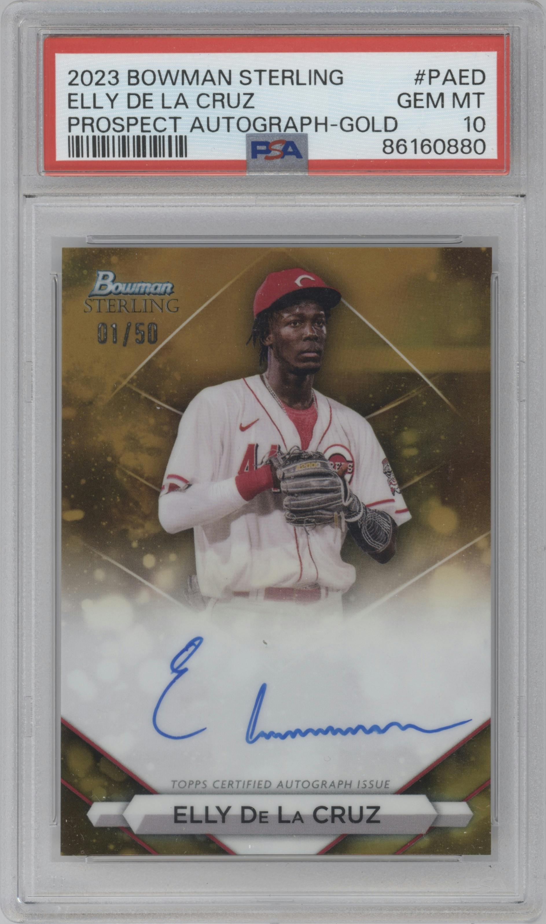  Elly De La Cruz from the 2023 Bowman Sterling set featuring a Gold Refractor parallel graded by PSA and given an overall grade of 10.