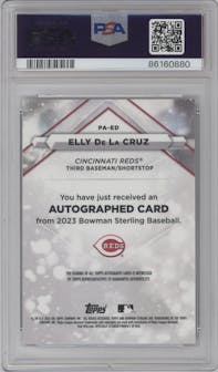  Elly De La Cruz from the 2023 Bowman Sterling set featuring a Gold Refractor parallel graded by PSA and given an overall grade of 10.
