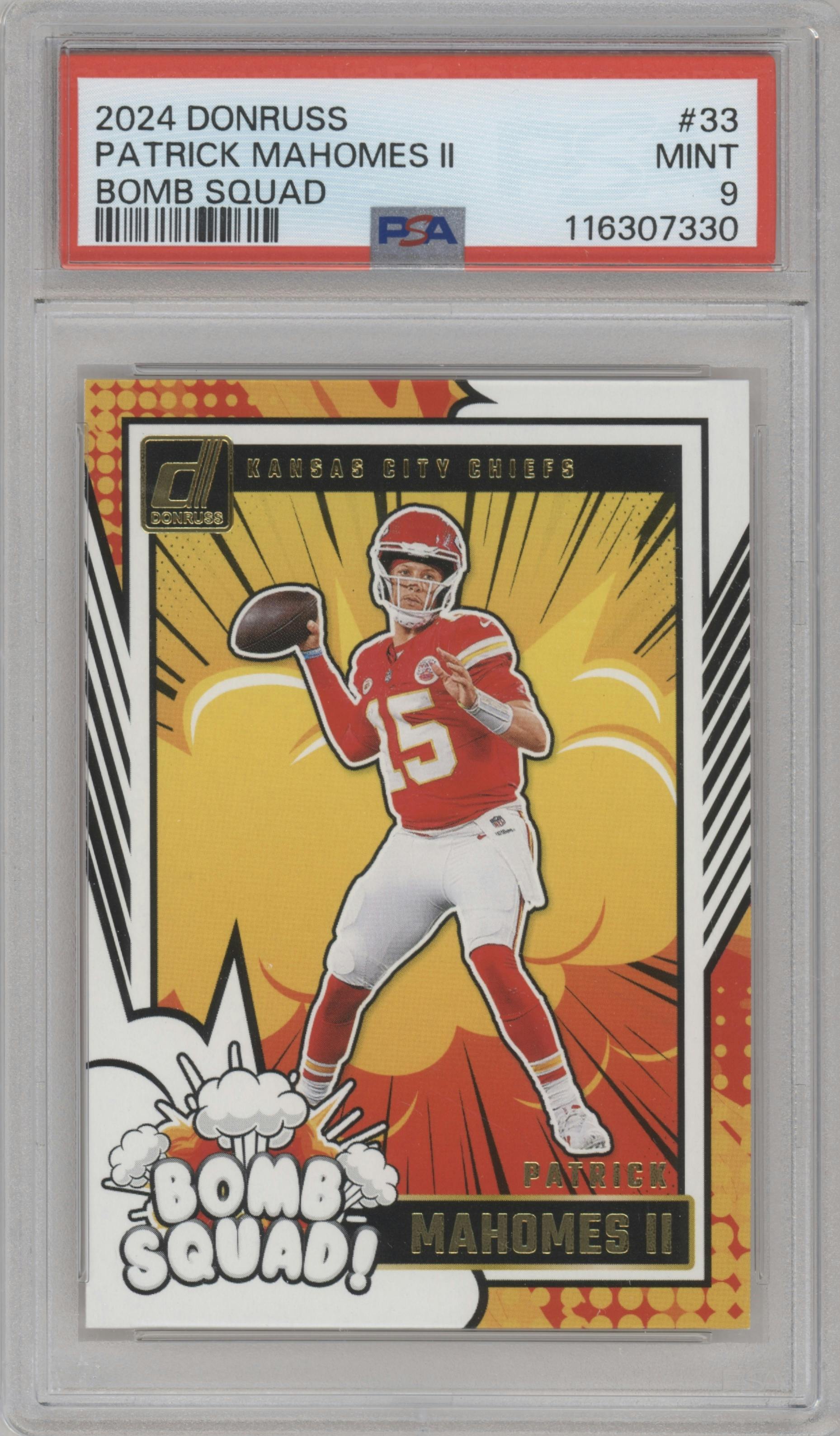 Patrick Mahomes II from the 2024 Donruss set graded by PSA and given an overall grade of 9.