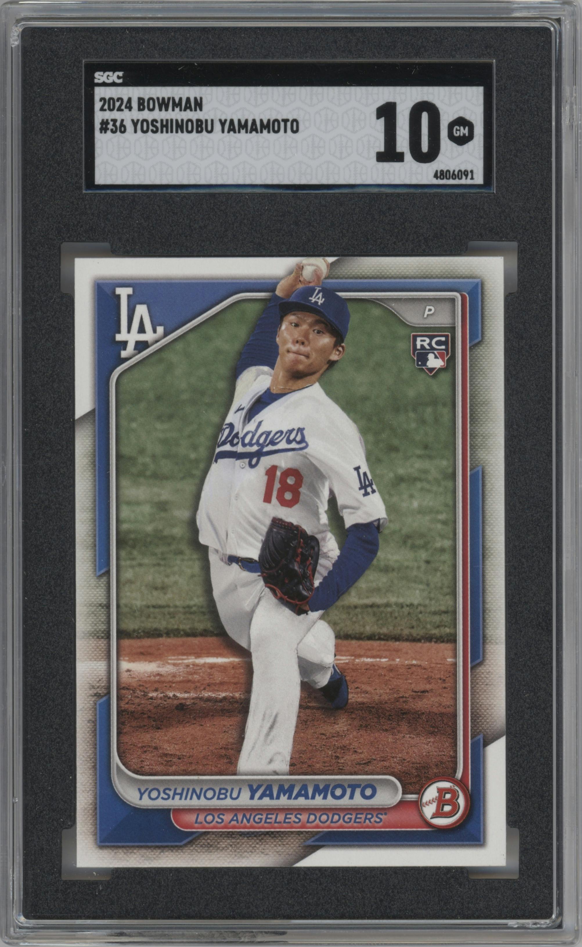 Yoshinobu Yamamoto from the 2024 Bowman set graded by SGC and given an overall grade of 10.