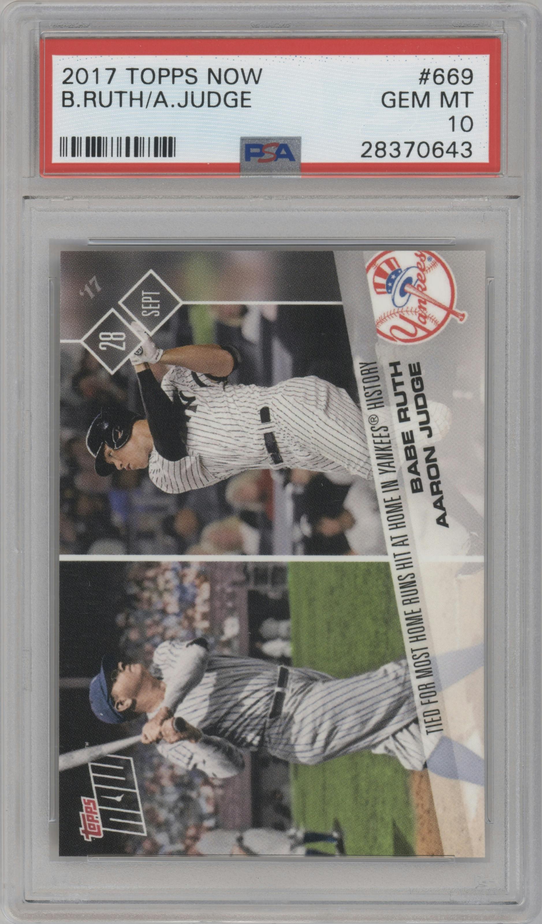 Babe Ruth/Aaron Judge from the 2017 Topps Now set graded by PSA and given an overall grade of 10.
