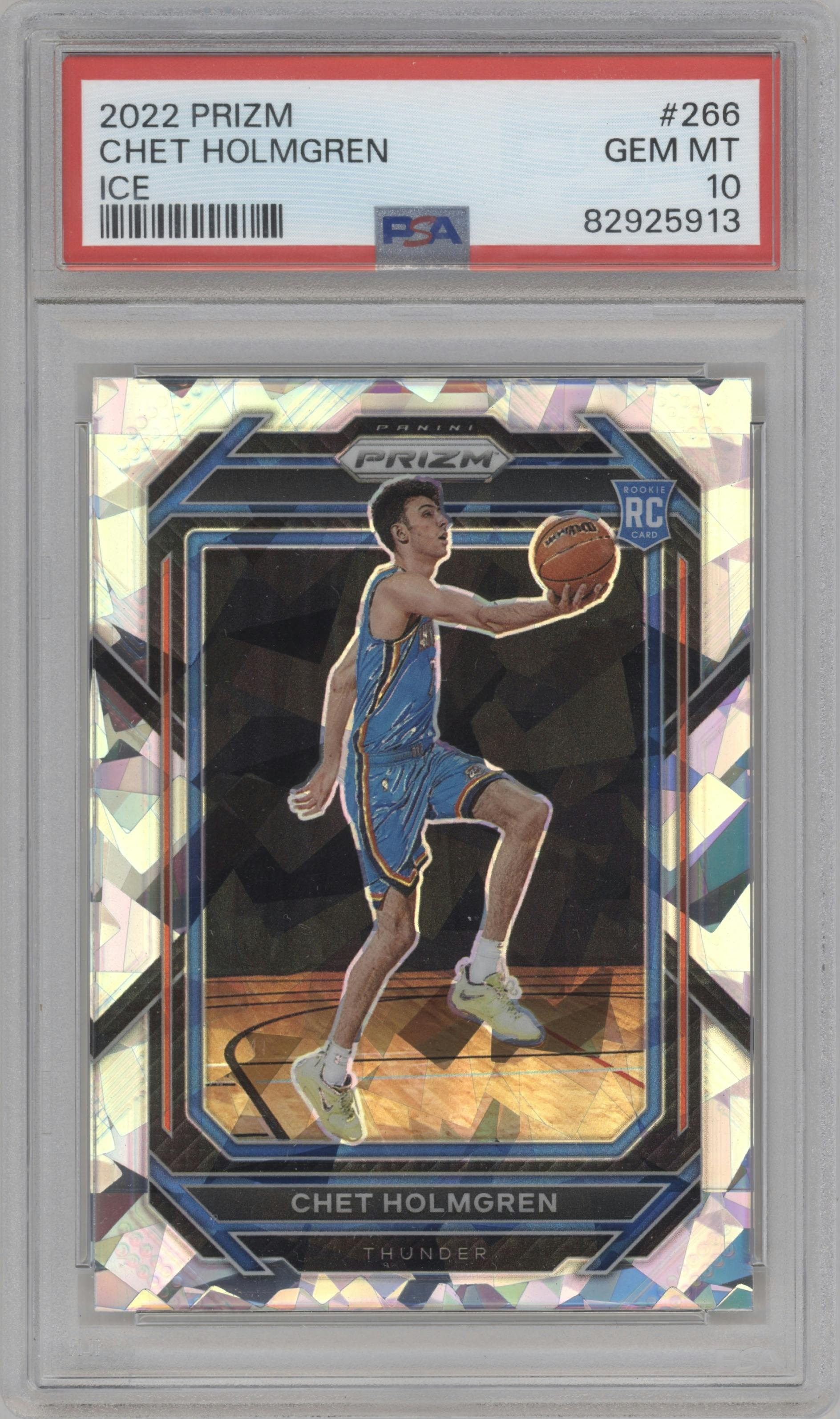 Chet Holmgren from the 2022-23 Panini Prizm  set featuring a Ice Prizm parallel graded by PSA and given an overall grade of 10.