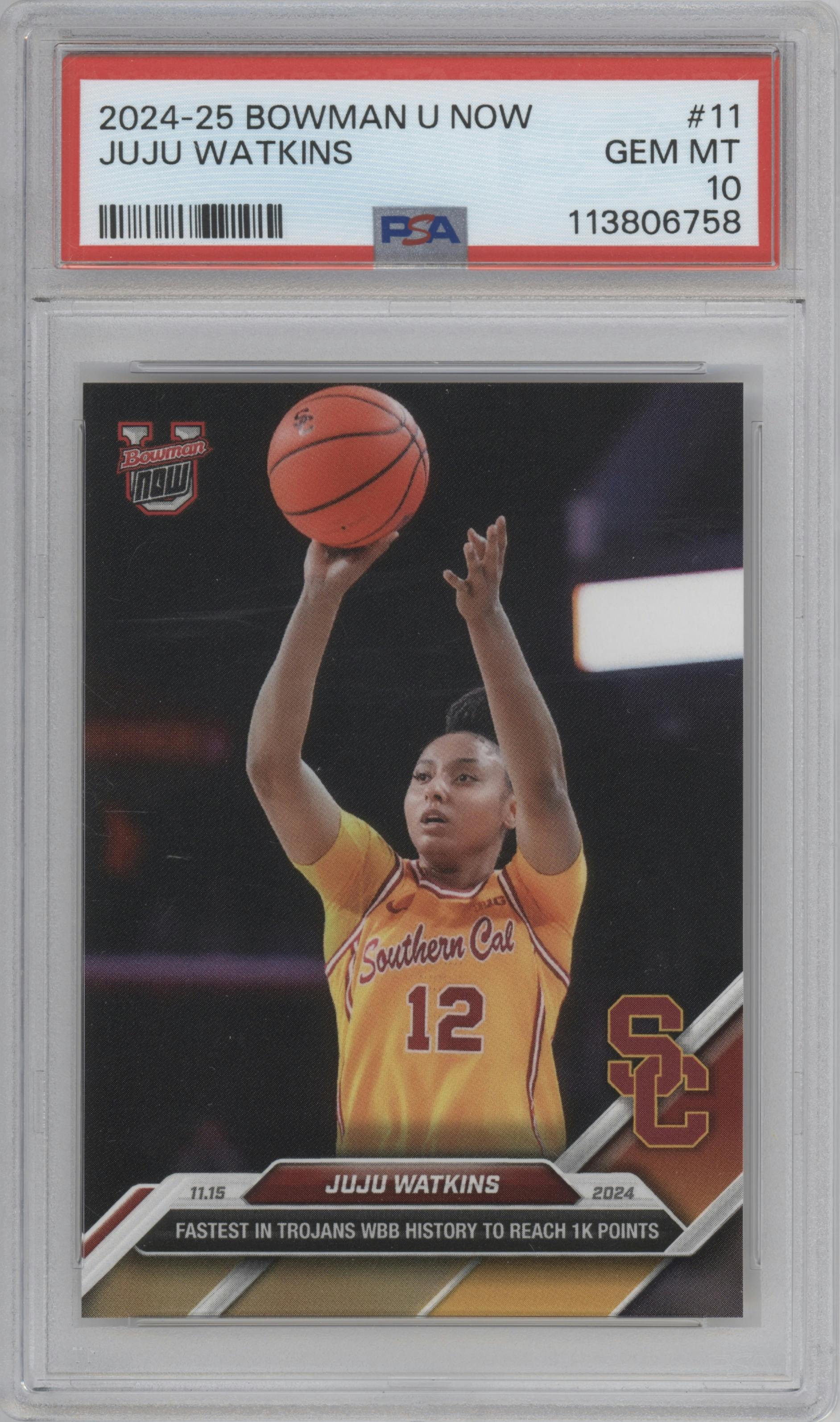 JuJu Watkins from the 2024-25 Bowman U Now set graded by PSA and given an overall grade of 10.