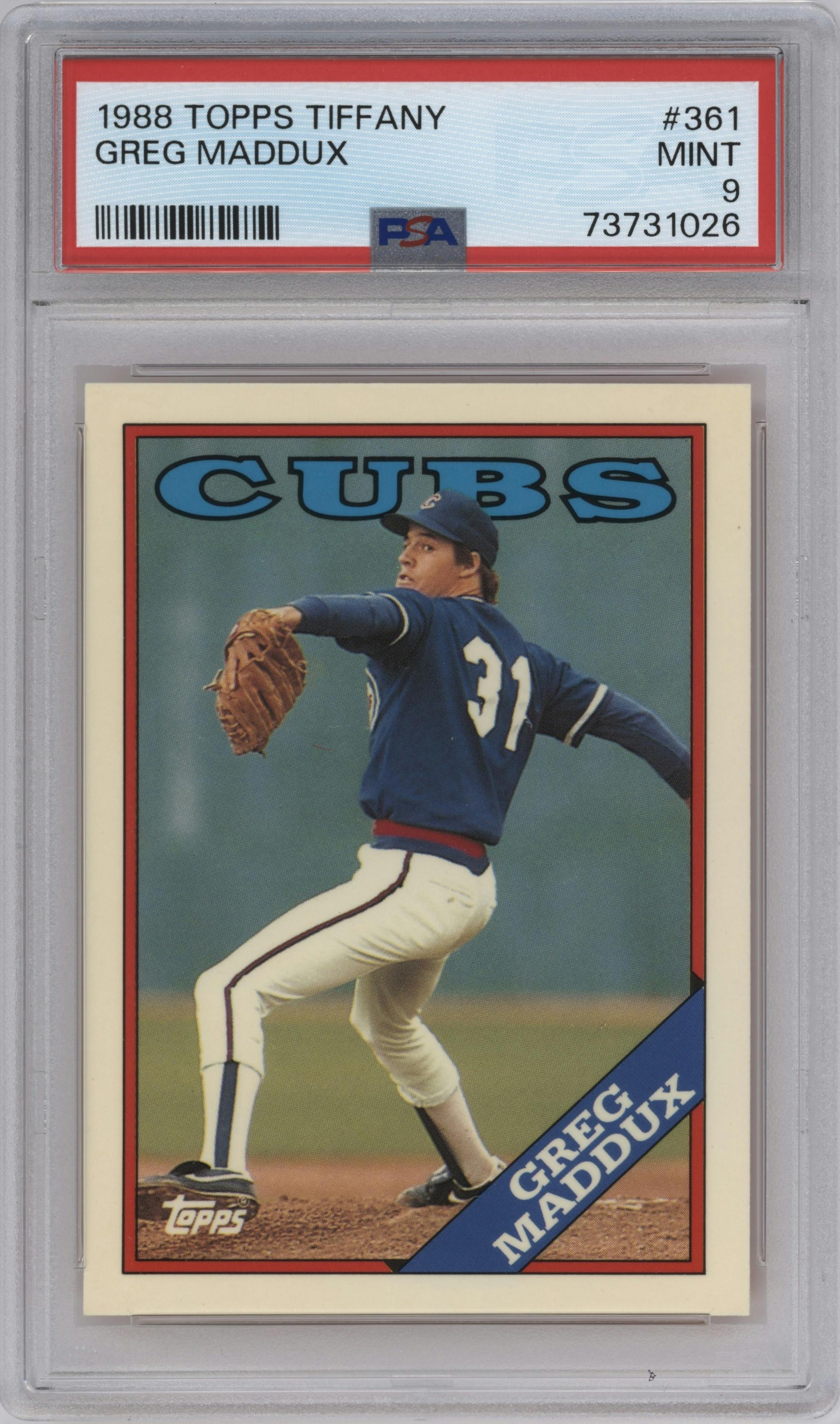 Greg Maddux from the 1988 Topps set featuring a Tiffany parallel graded by PSA and given an overall grade of 9.