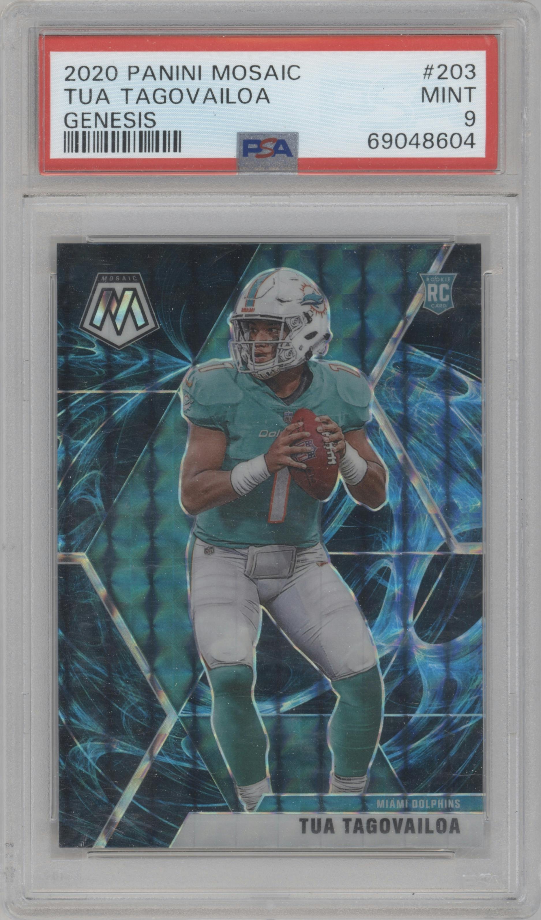 Tua Tagovailoa from the 2020 Panini Mosaic set featuring a Genesis parallel graded by PSA and given an overall grade of 9.