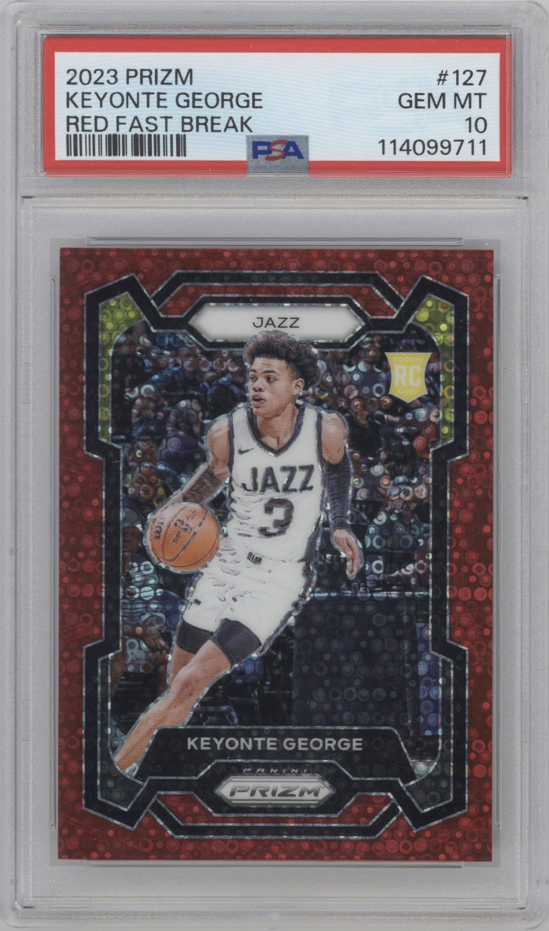 Keyonte George from the 2023-24 Panini Prizm set featuring a Fast Break Red parallel graded by PSA and given an overall grade of 10.