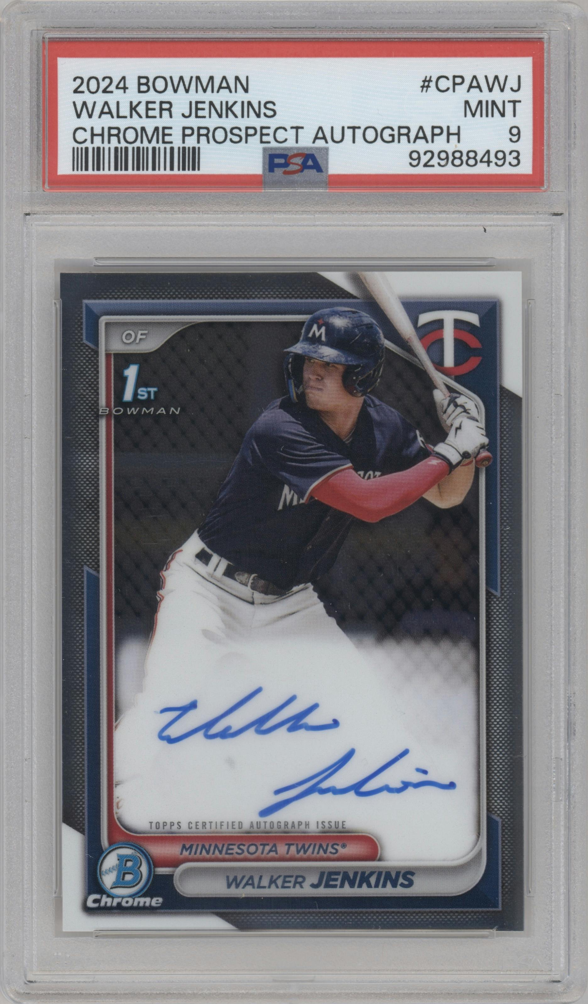 Walker Jenkins from the 2024 Bowman set graded by PSA and given an overall grade of 9.
