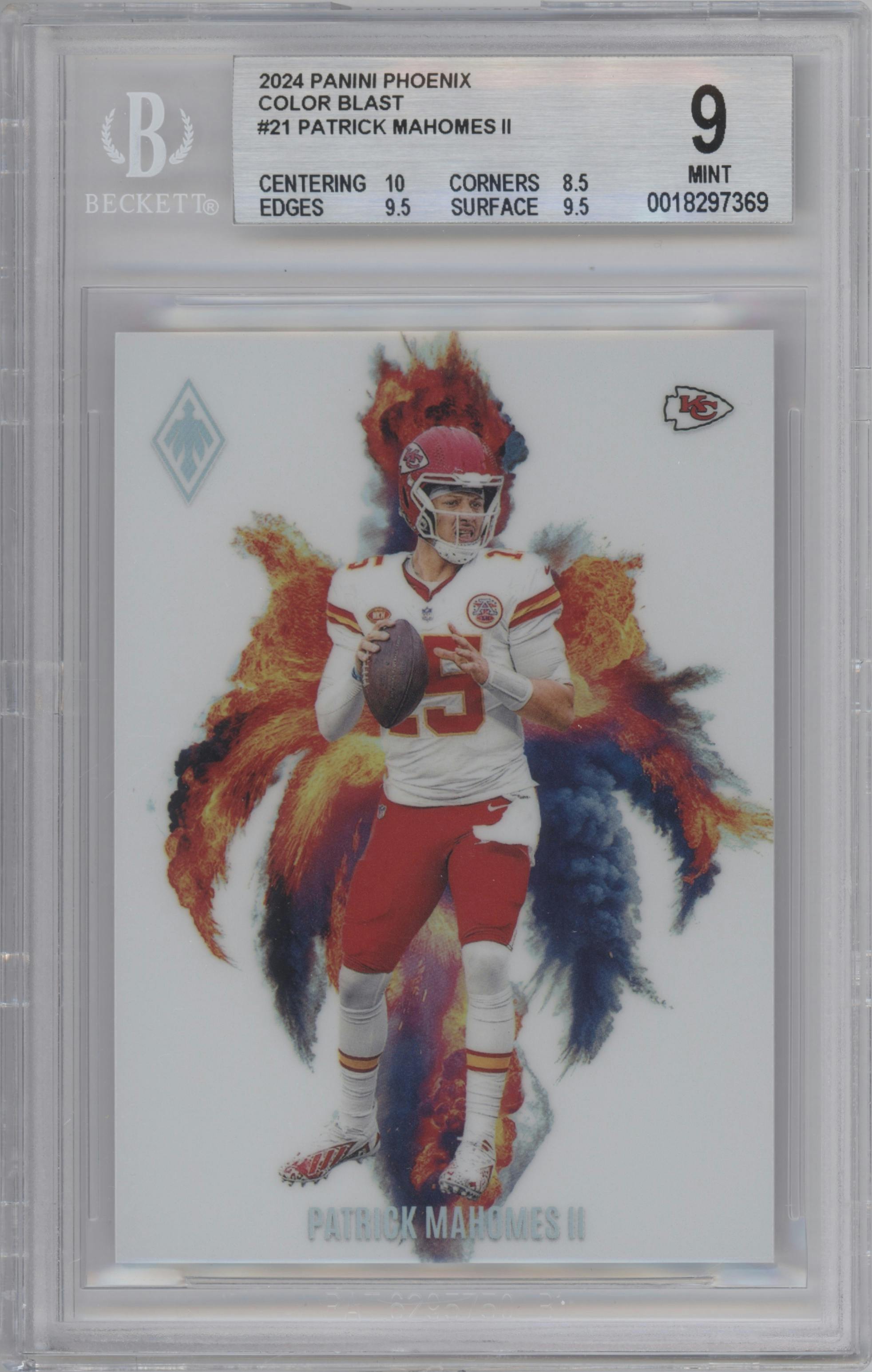 Patrick Mahomes II from the 2024 Panini Phoenix set graded by Beckett and given an overall grade of 9.