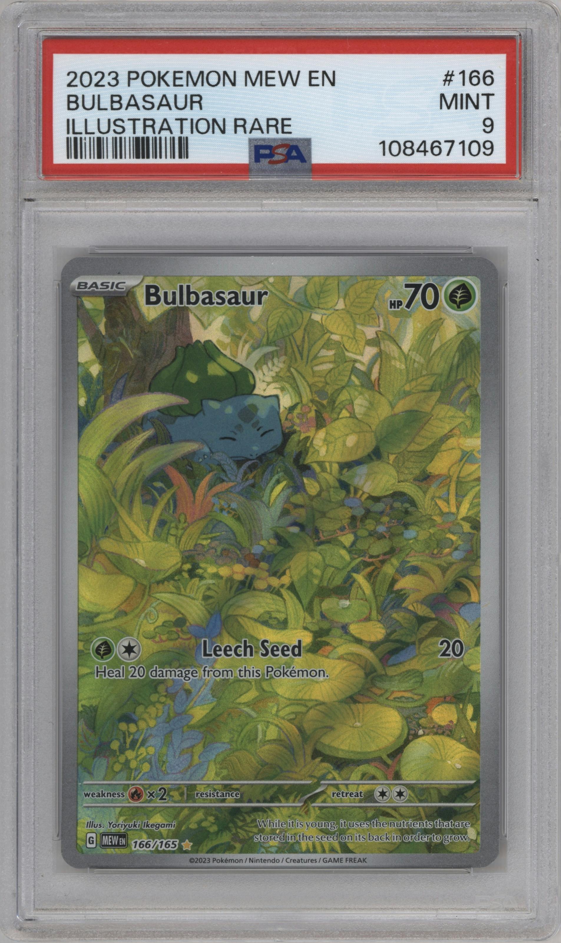 Bulbasaur from the 2023 Pokemon SV set graded by PSA and given an overall grade of 9.