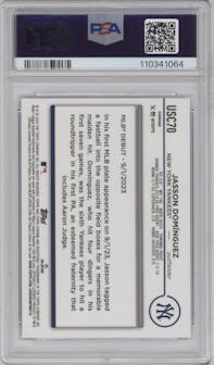 Jasson Dominguez from the 2024 Topps Chrome Update set featuring a X-Fractor parallel graded by PSA and given an overall grade of 10.