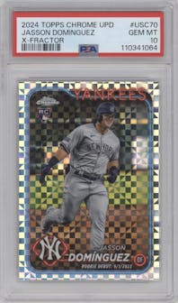 Jasson Dominguez from the 2024 Topps Chrome Update set featuring a X-Fractor parallel graded by PSA and given an overall grade of 10.
