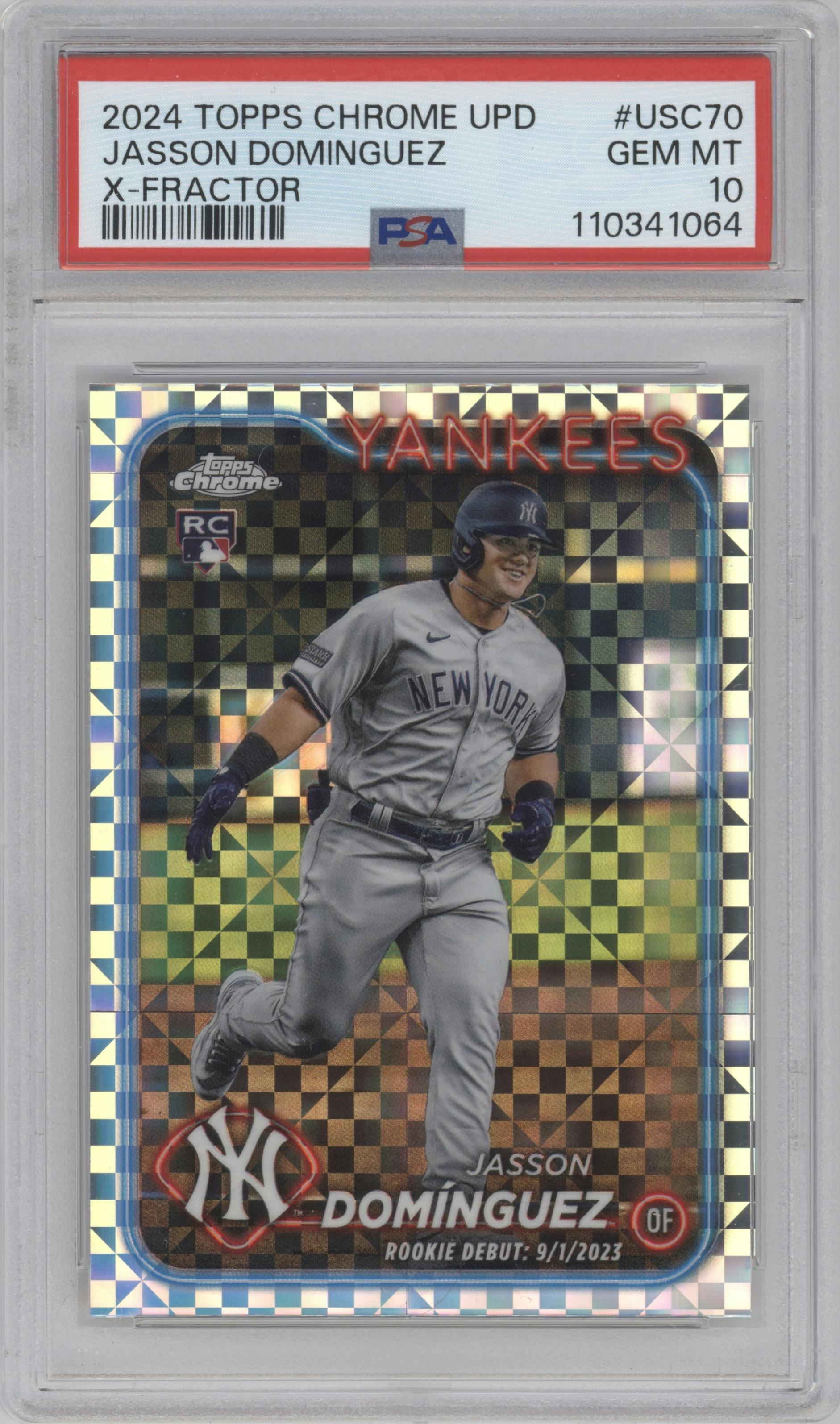 Jasson Dominguez from the 2024 Topps Chrome Update set featuring a X-Fractor parallel graded by PSA and given an overall grade of 10.