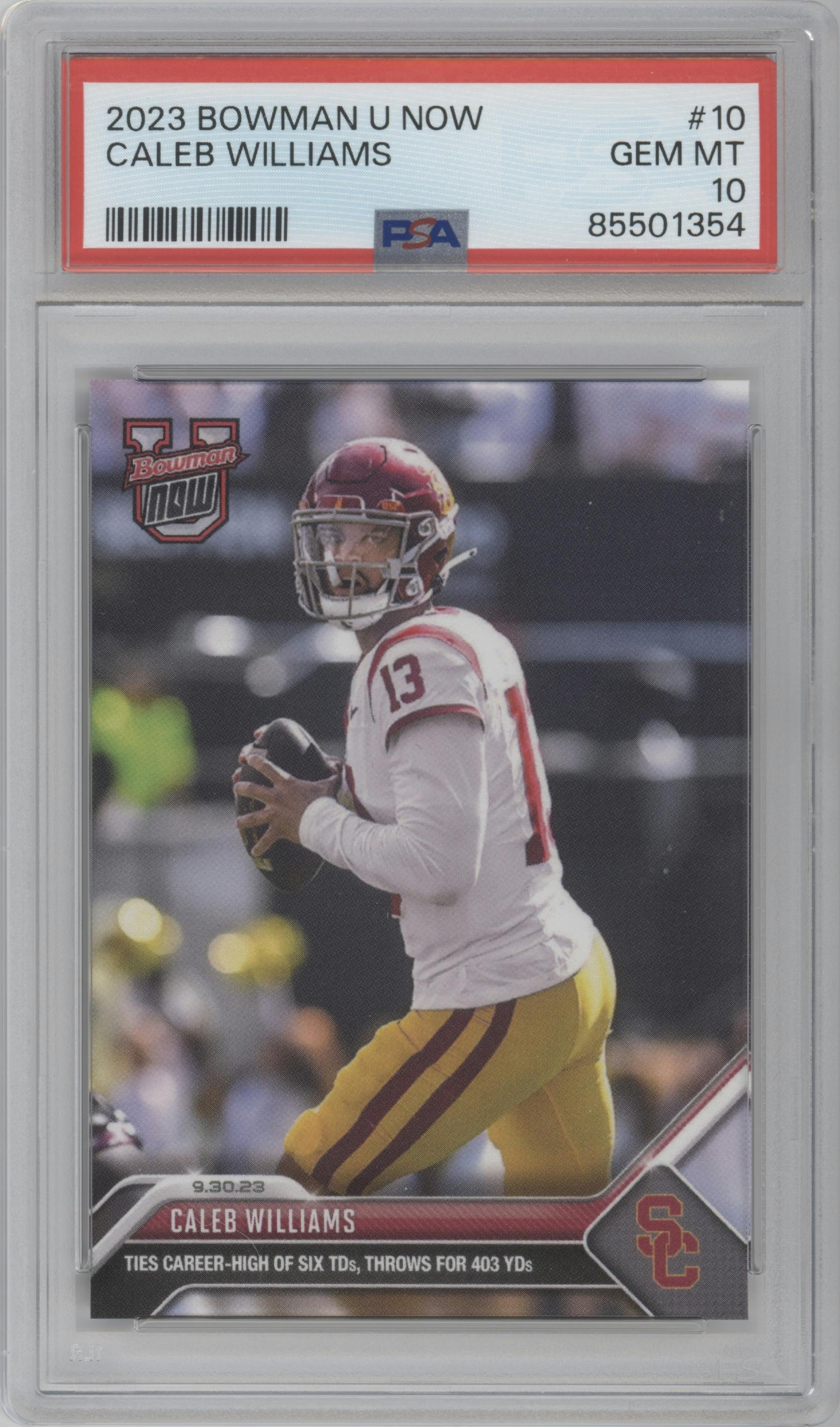 Caleb Williams from the 2023 Bowman University Now set graded by PSA and given an overall grade of 10.