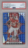 Patrick Mahomes II from the 2022 Panini Mosaic set featuring a Blue Mosaic parallel graded by PSA and given an overall grade of 10.