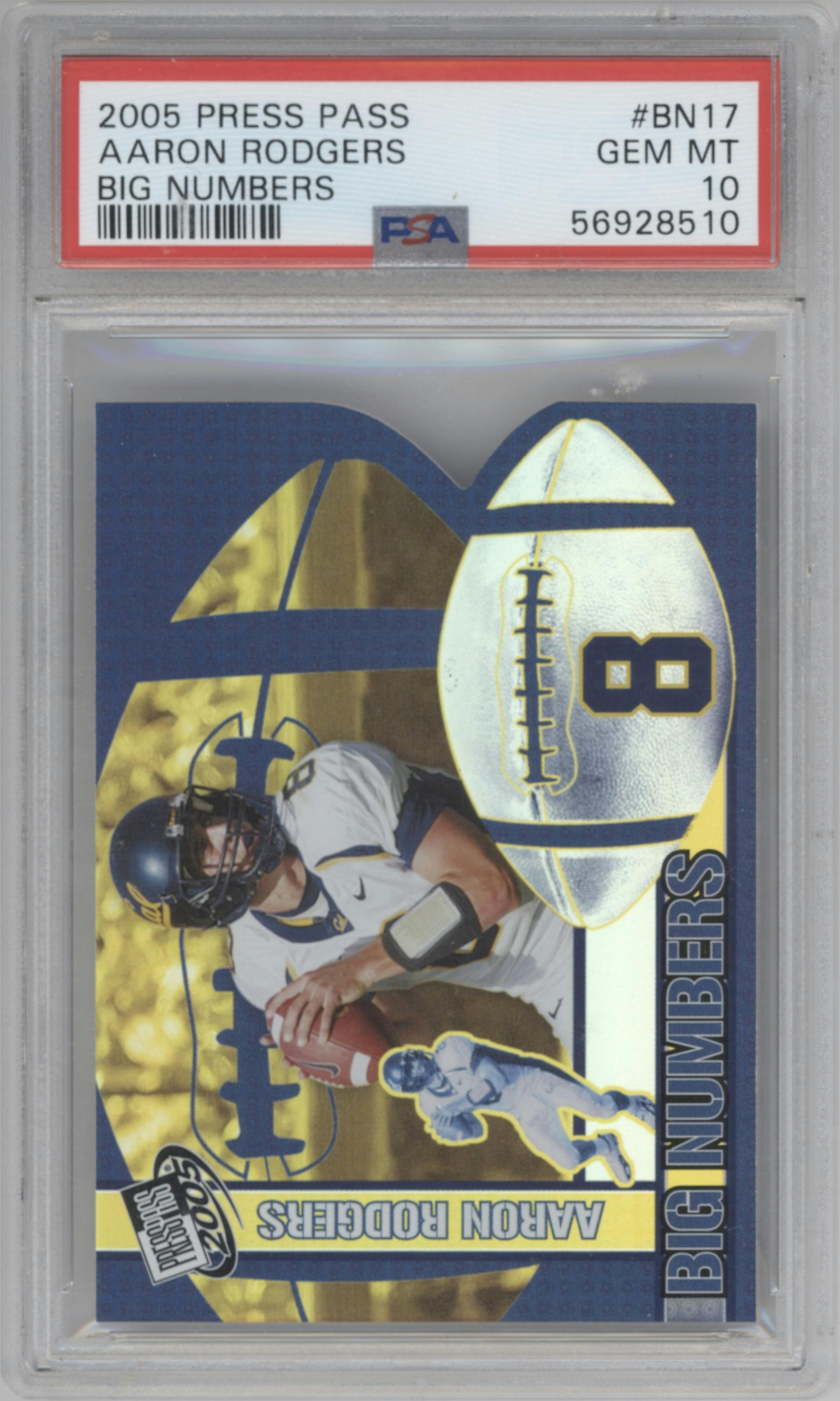 Aaron Rodgers from the 2005 Press Pass set graded by PSA and given an overall grade of 10.