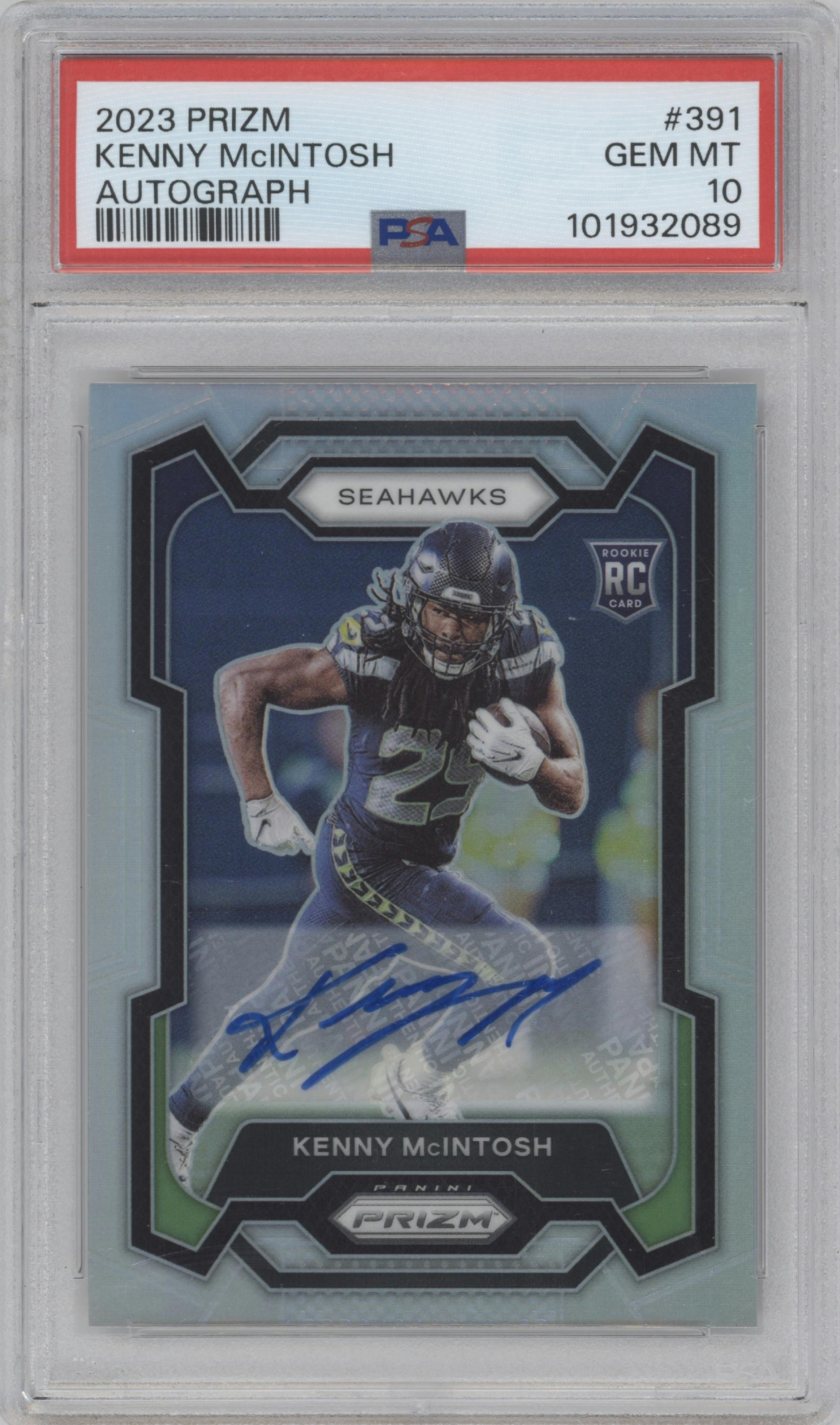 Kenny McIntosh from the 2023 Panini Prizm set graded by PSA and given an overall grade of 10.
