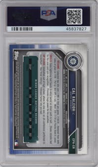 Cal Raleigh from the 2019 Bowman Chrome set featuring a HTA Gold Shimmer Refractor parallel graded by PSA and given an overall grade of 10.