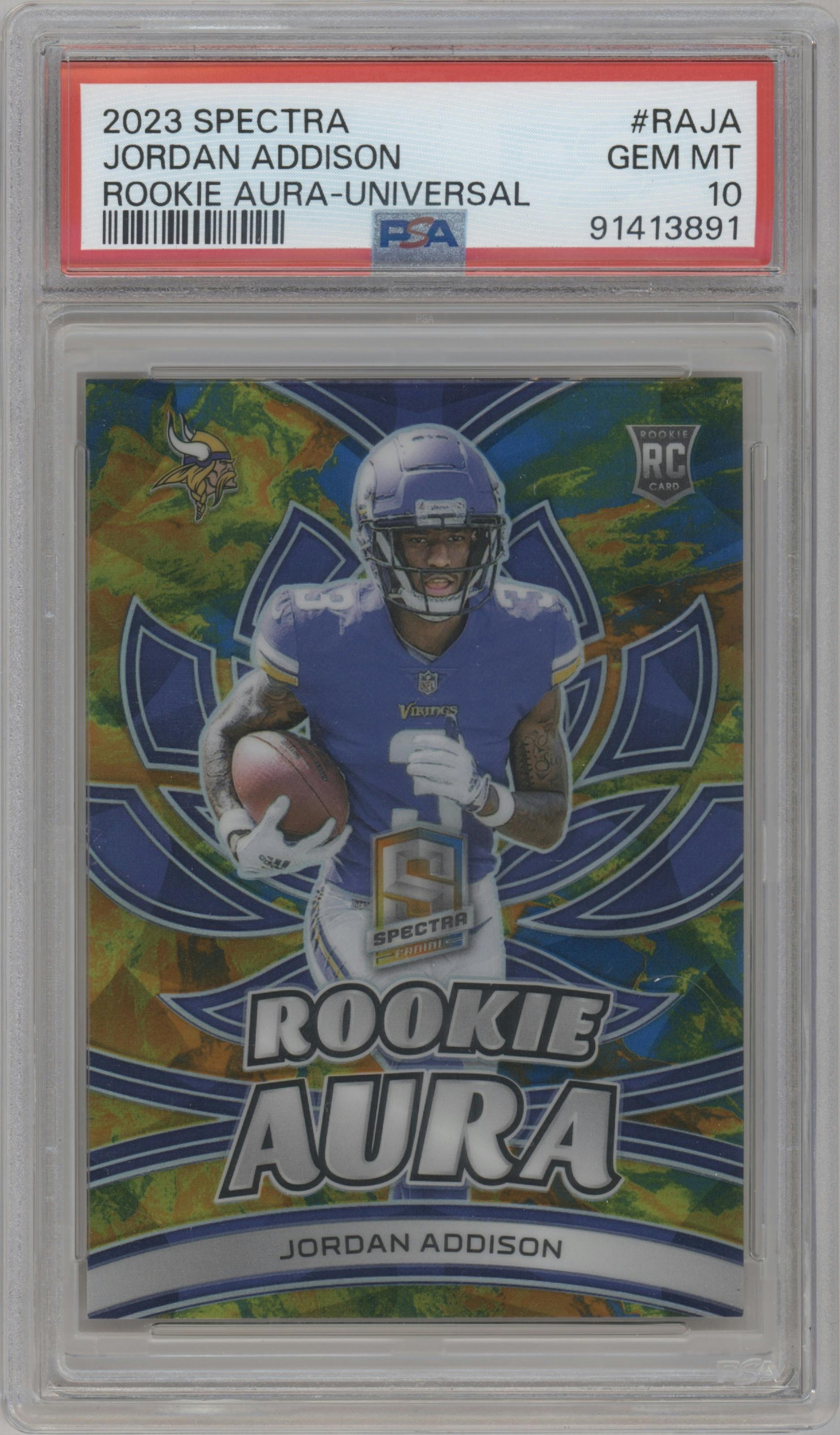 Jordan Addison from the 2023 Panini Spectra set featuring a Universal parallel graded by PSA and given an overall grade of 10.