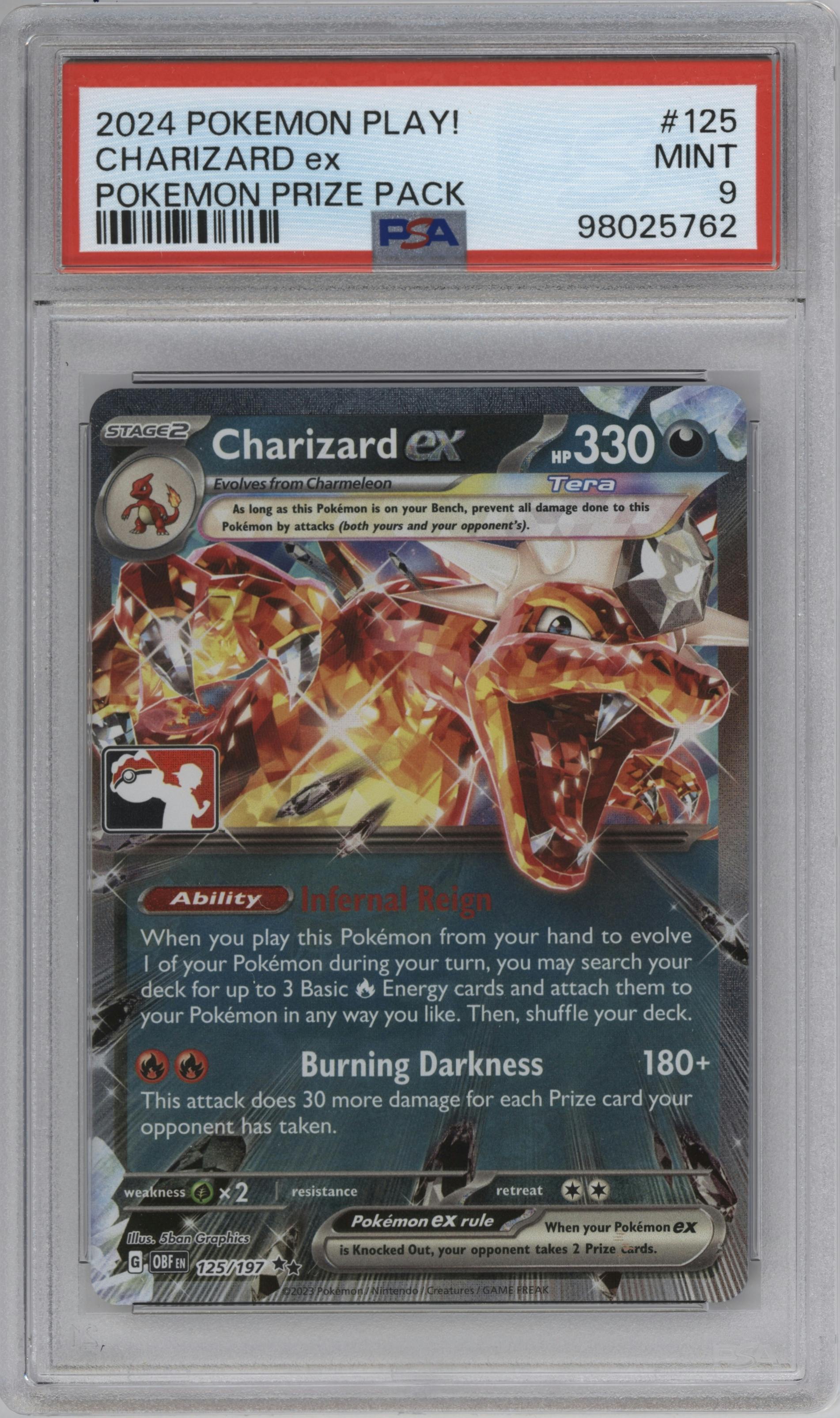 Charizard ex from the 2024 Pokemon Play! set graded by PSA and given an overall grade of 9.