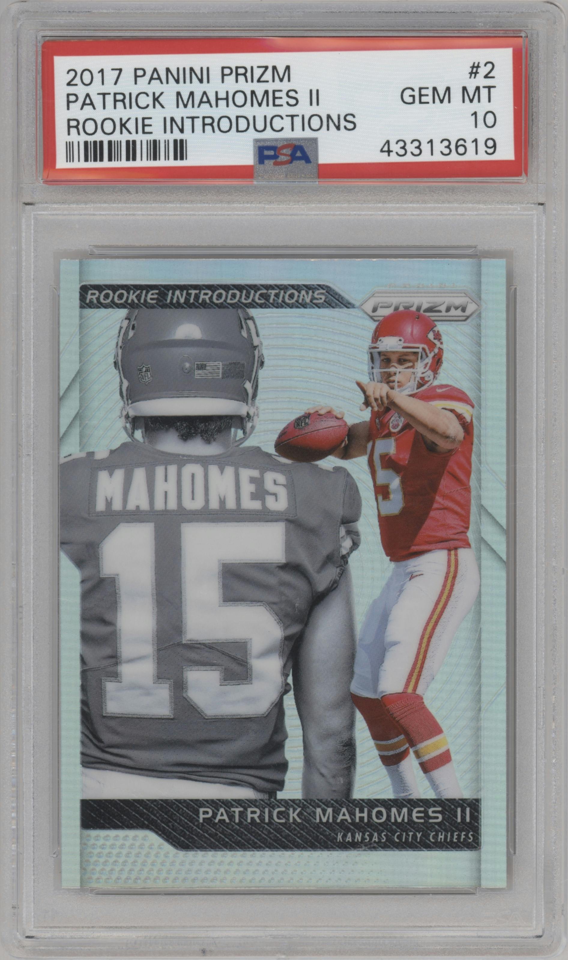 Patrick Mahomes II from the 2017 Panini Prizm set graded by PSA and given an overall grade of 10.