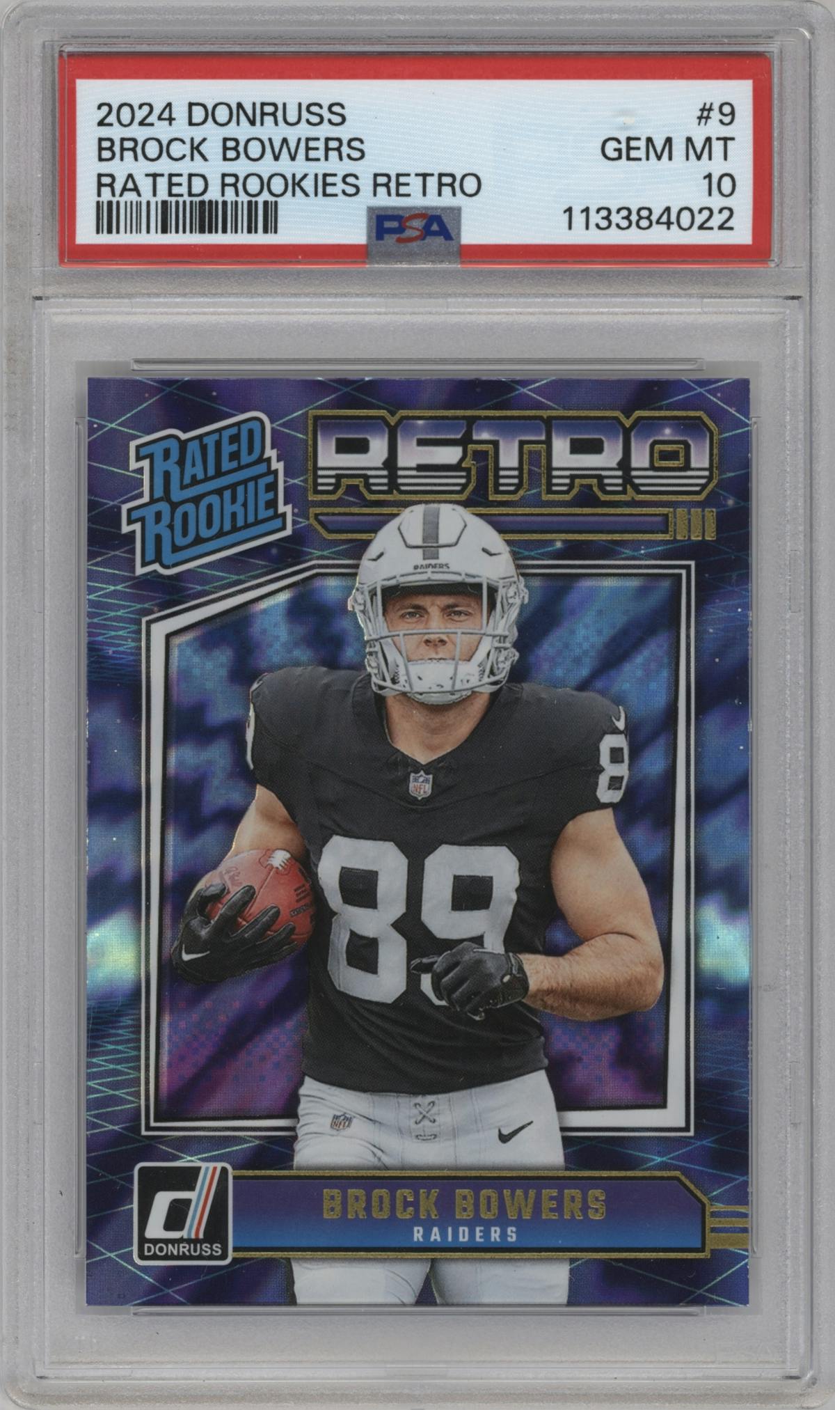 Brock Bowers from the 2024 Donruss set graded by PSA and given an overall grade of 10.