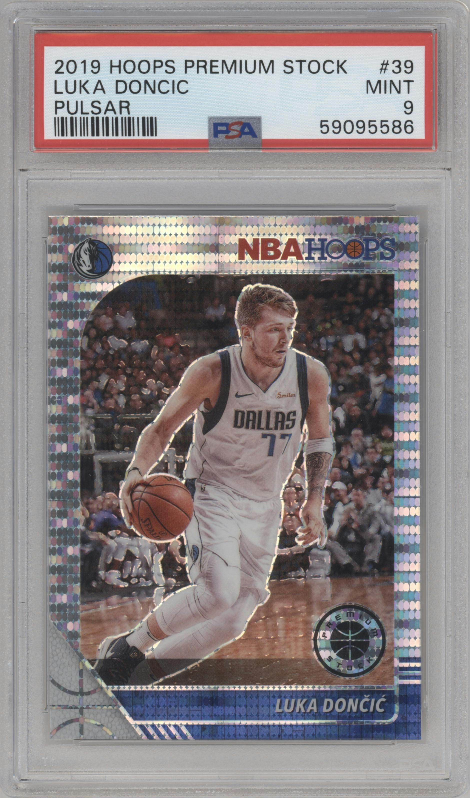 Luka Doncic from the 2019-20 Panini Hoops Premium Stock set featuring a Pulsar parallel graded by PSA and given an overall grade of 9.