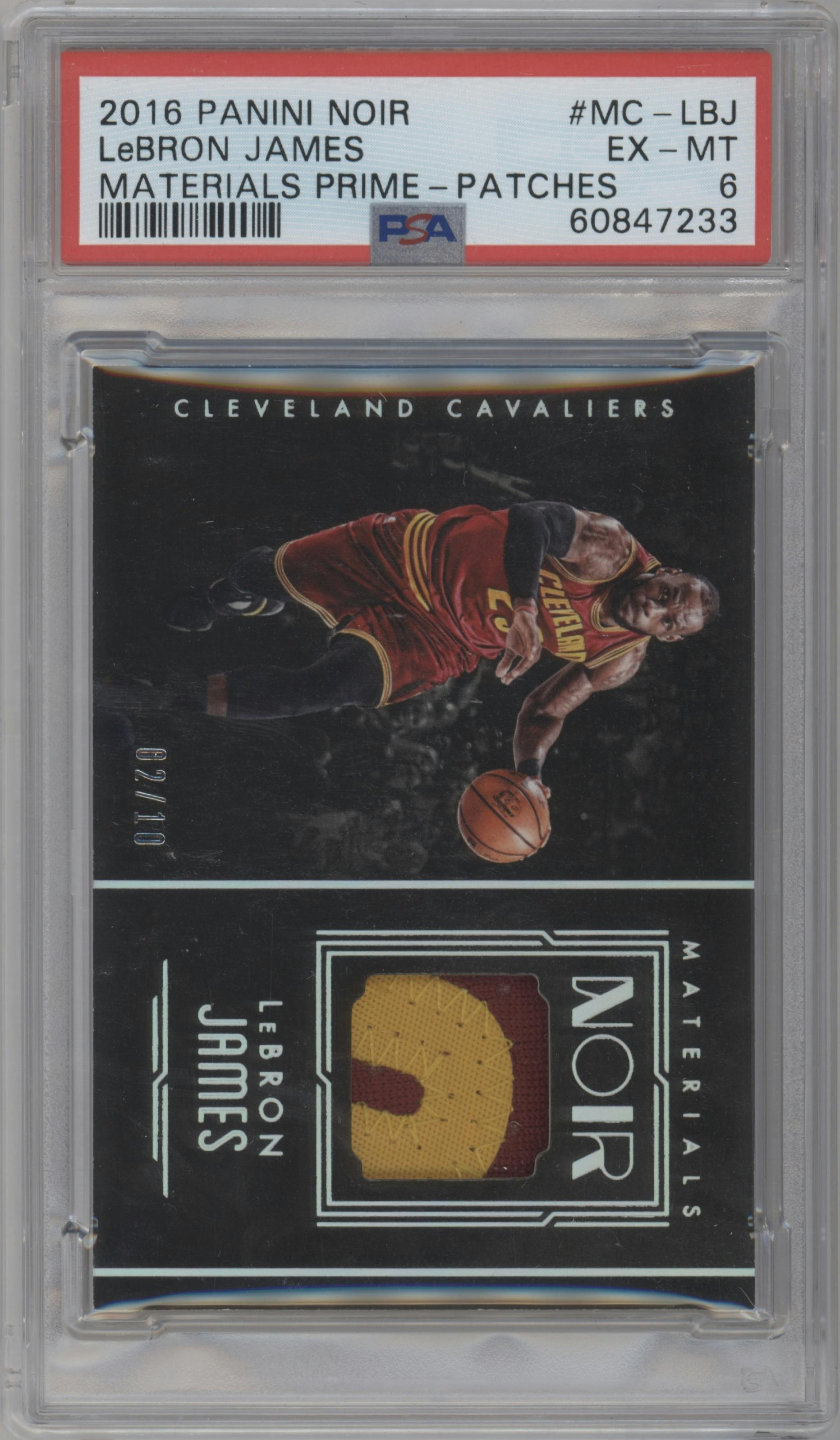 LeBron James from the 2016-17 Panini Noir set featuring a Patches parallel graded by PSA and given an overall grade of 6.