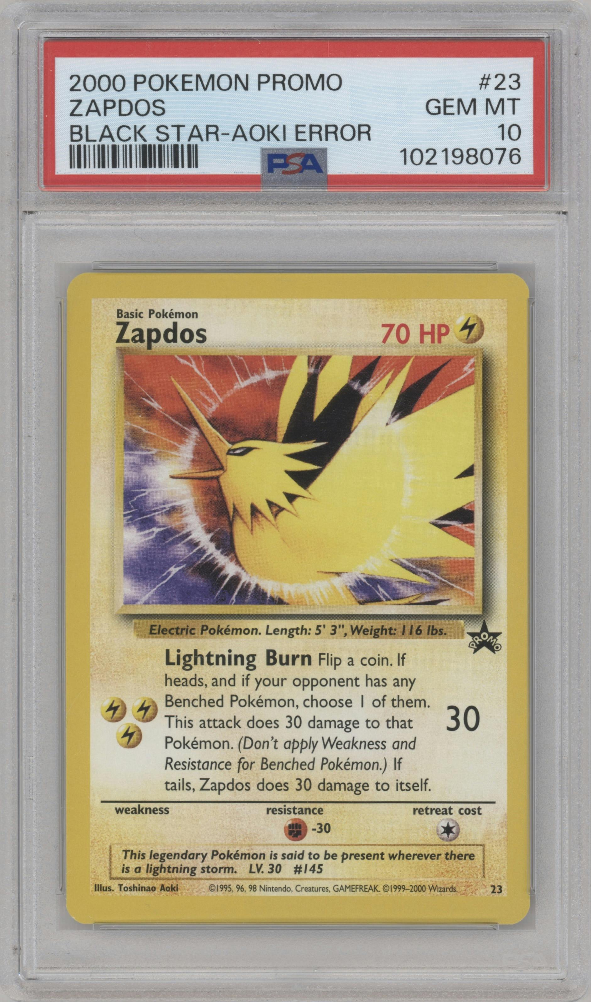 Zapdos from the 2000 Pokemon set featuring a Aoki Error parallel graded by PSA and given an overall grade of 10.