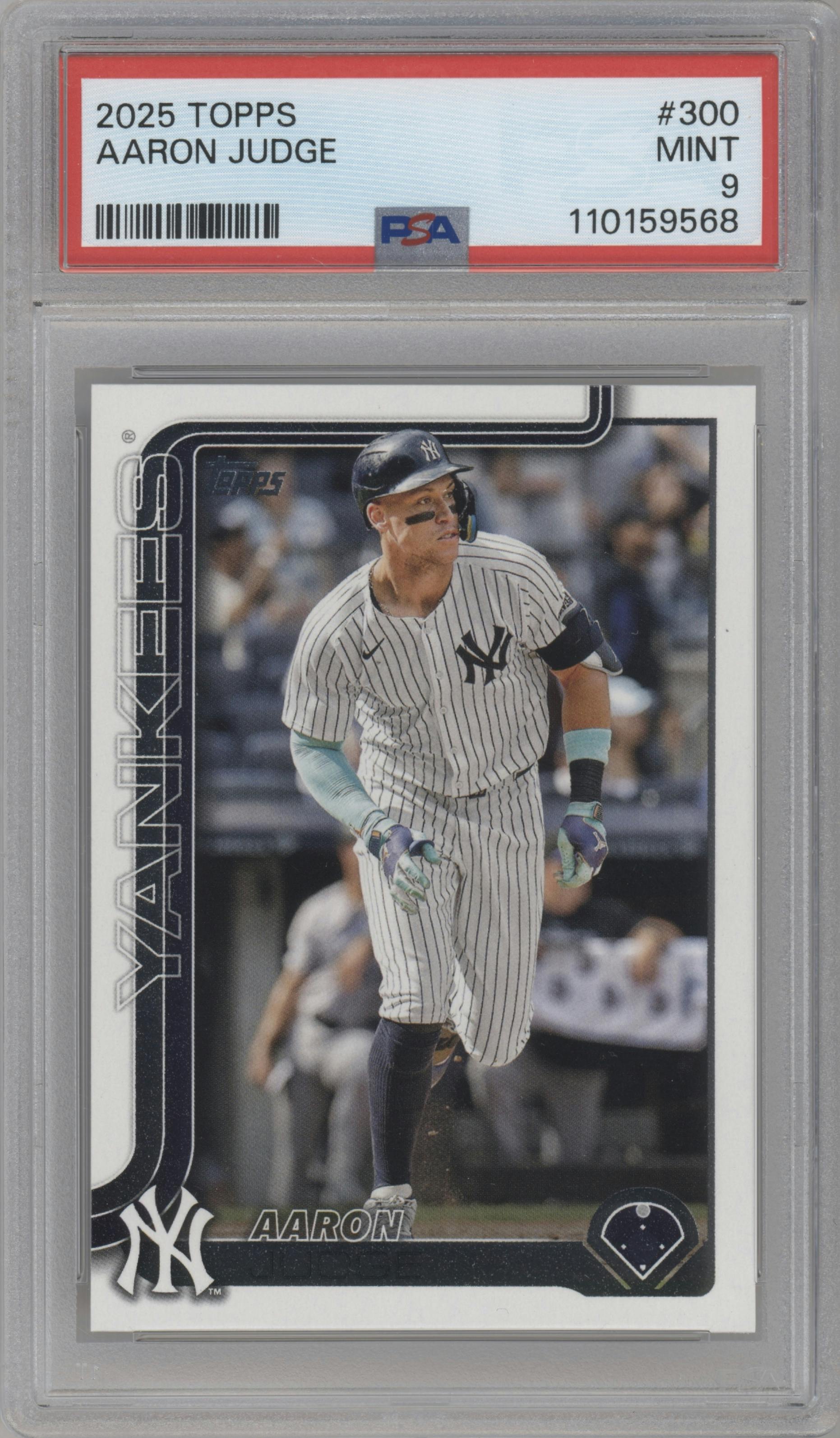 Aaron Judge from the 2025 Topps set graded by PSA and given an overall grade of 9.