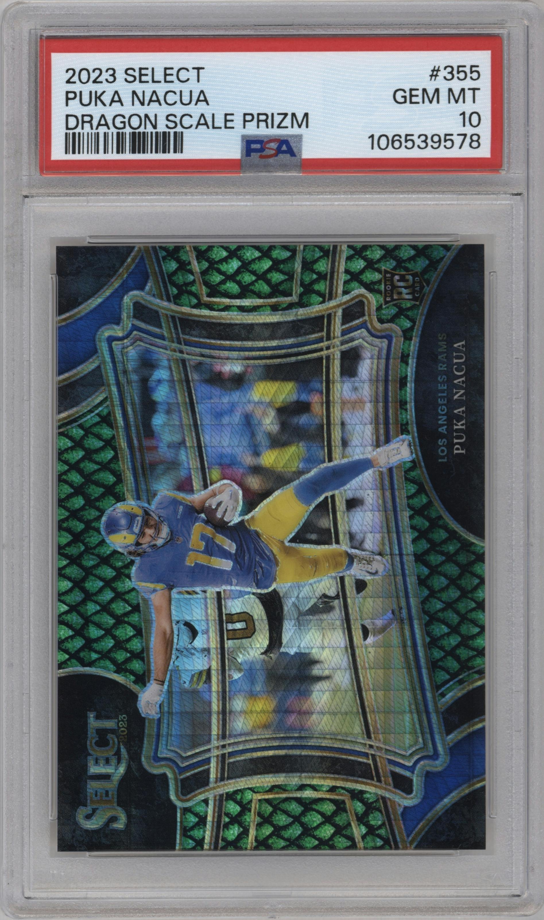 Puka Nacua from the 2023 Panini Select set featuring a Dragon Scale Prizm parallel graded by PSA and given an overall grade of 10.