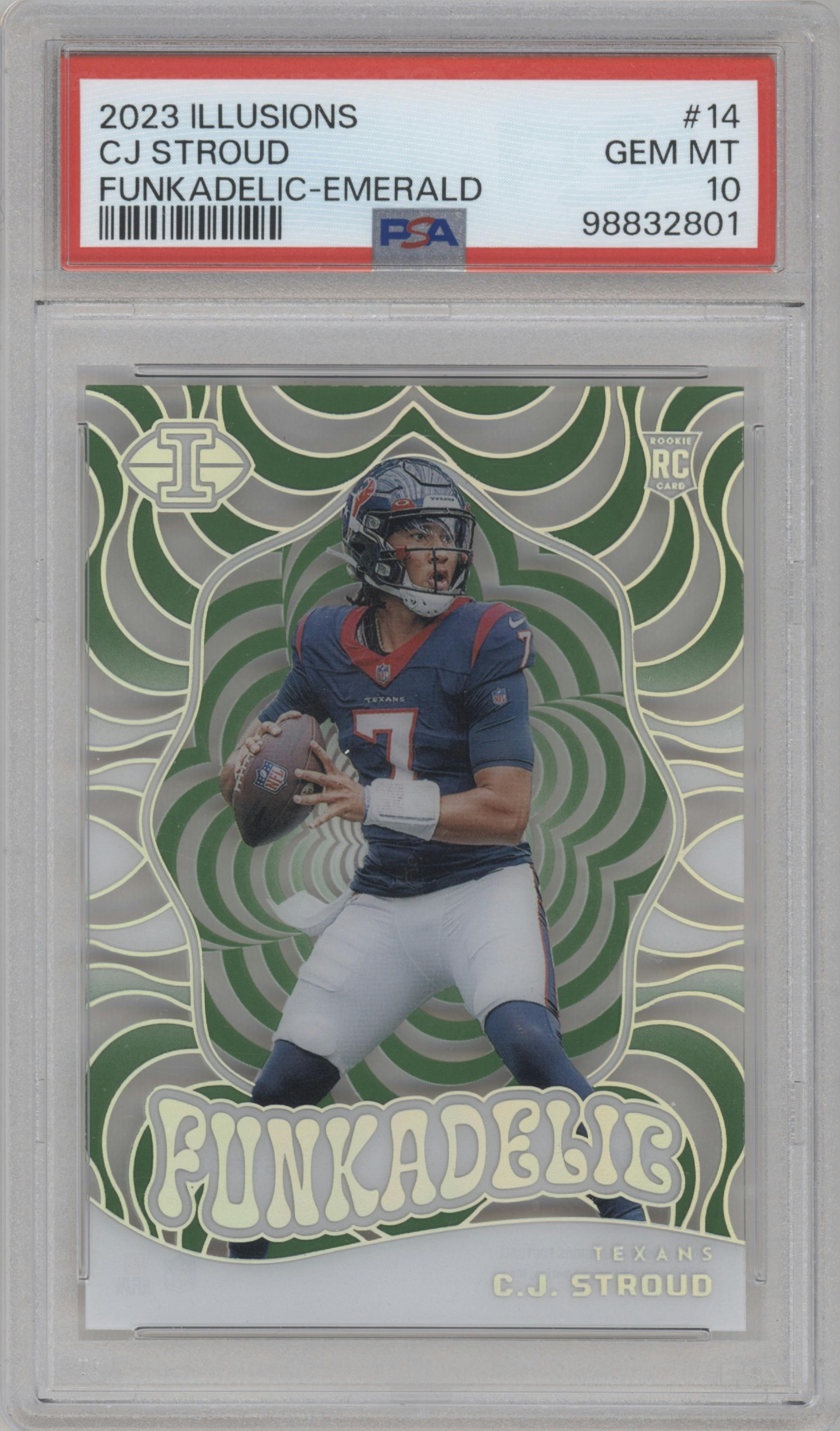 C.J. Stroud from the 2023 Panini Illusions set featuring a Emerald parallel graded by PSA and given an overall grade of 10.