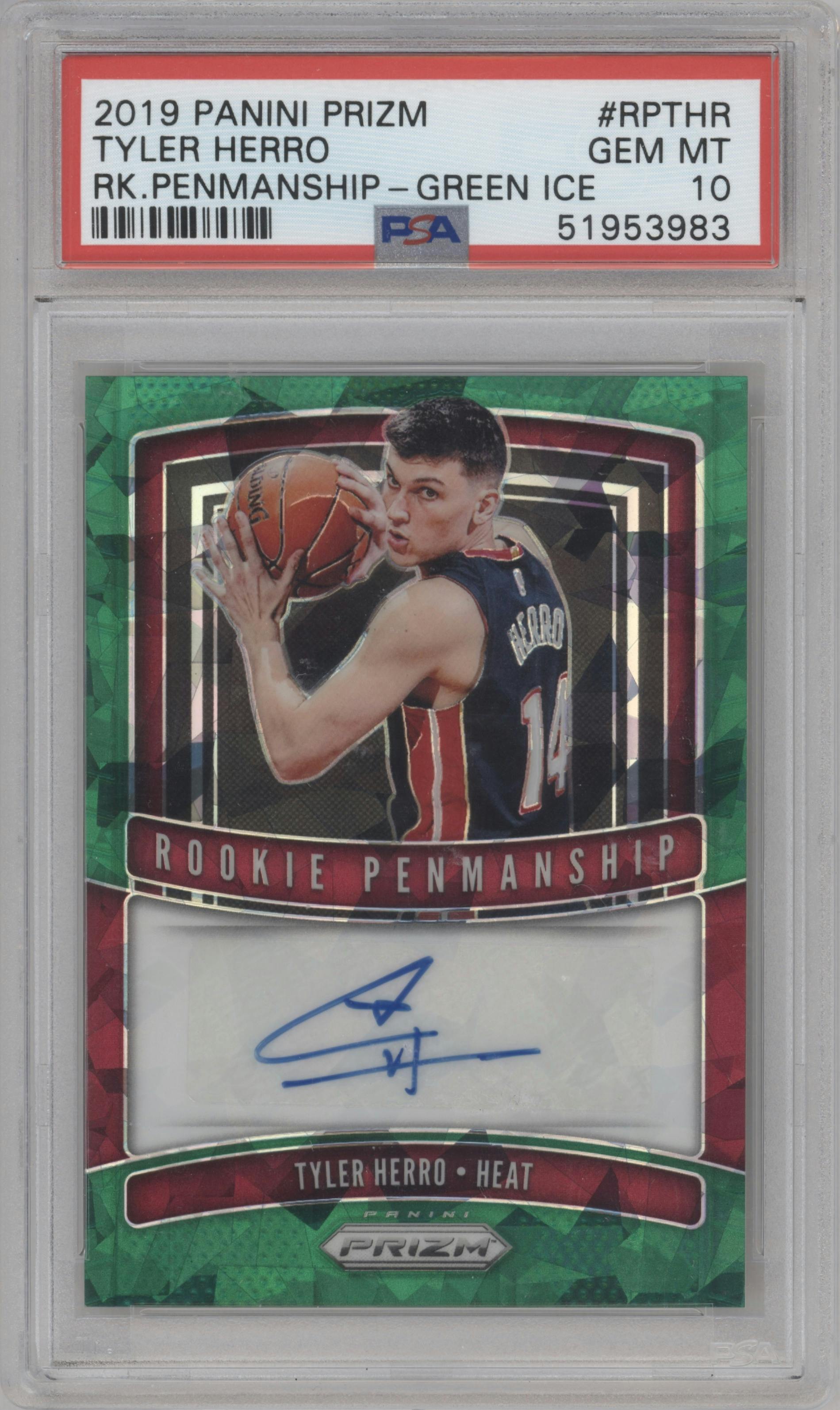 Tyler Herro from the 2019-20 Panini Prizm set featuring a Green Ice parallel graded by PSA and given an overall grade of 10.