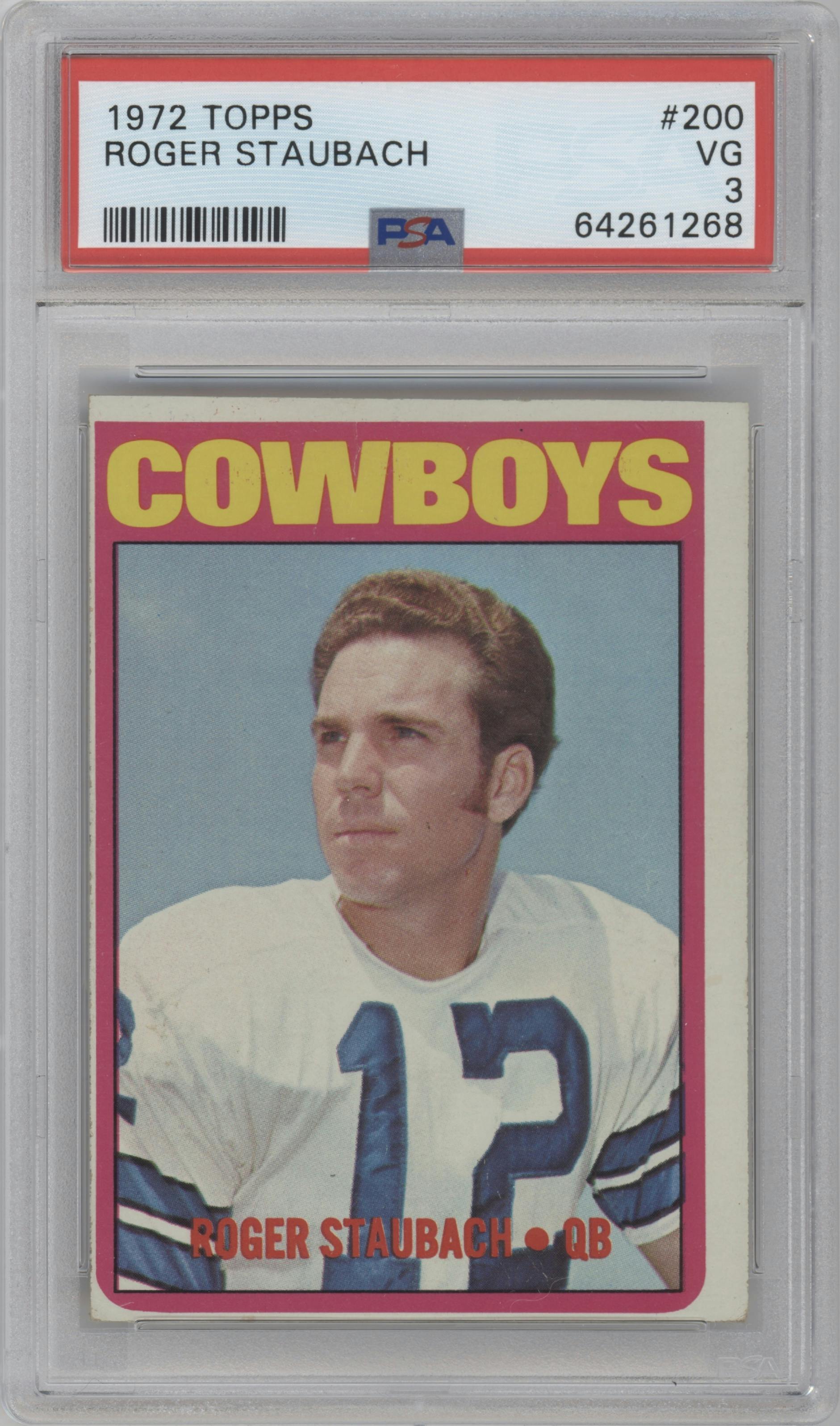 Roger Staubach from the 1972 Topps set graded by PSA and given an overall grade of 3.