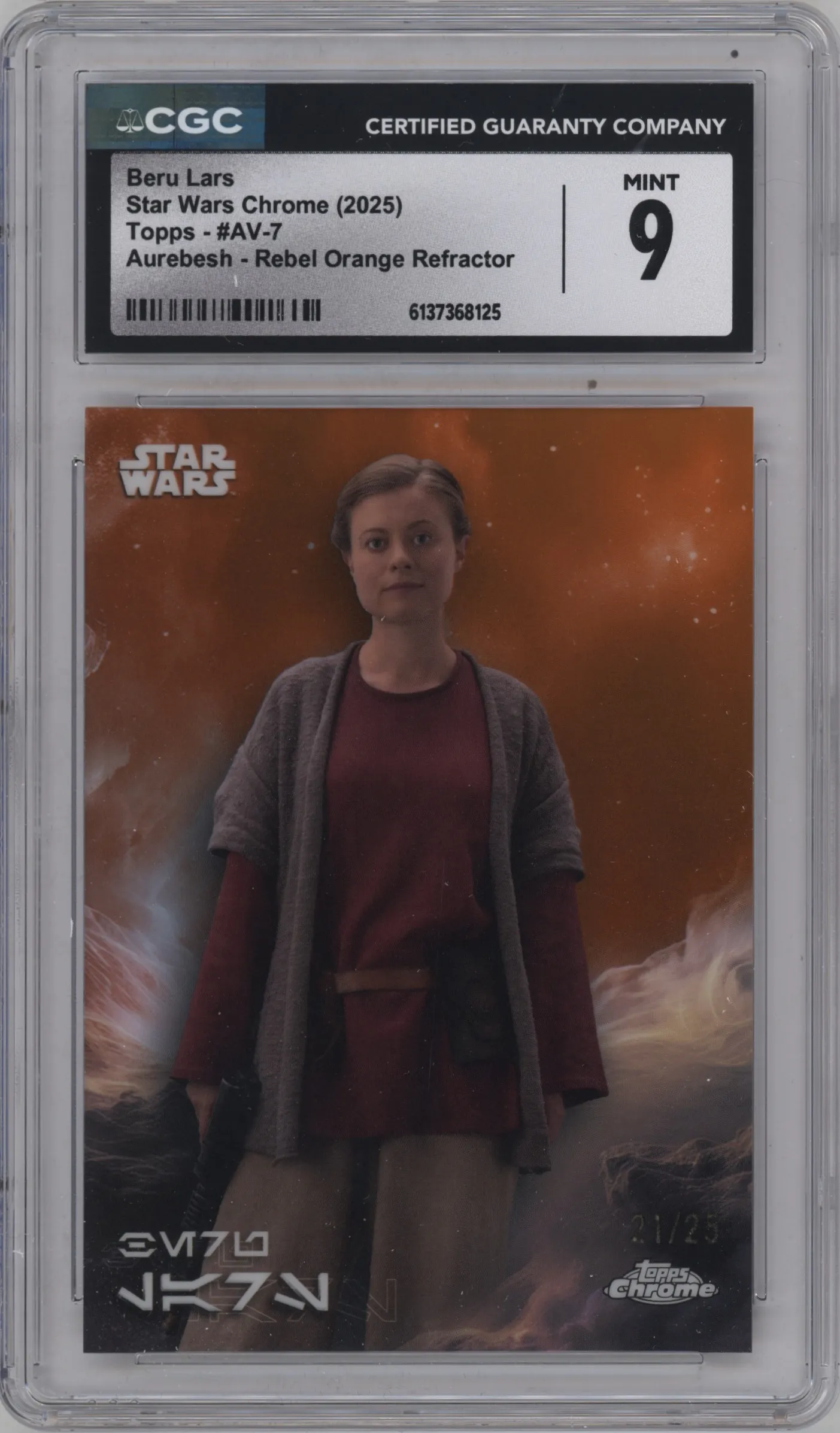 2025 Topps Chrome Star Wars Aurebesh Var. Beru Lars Rebel Orange Orange Refractor #AV-7 CGC 9