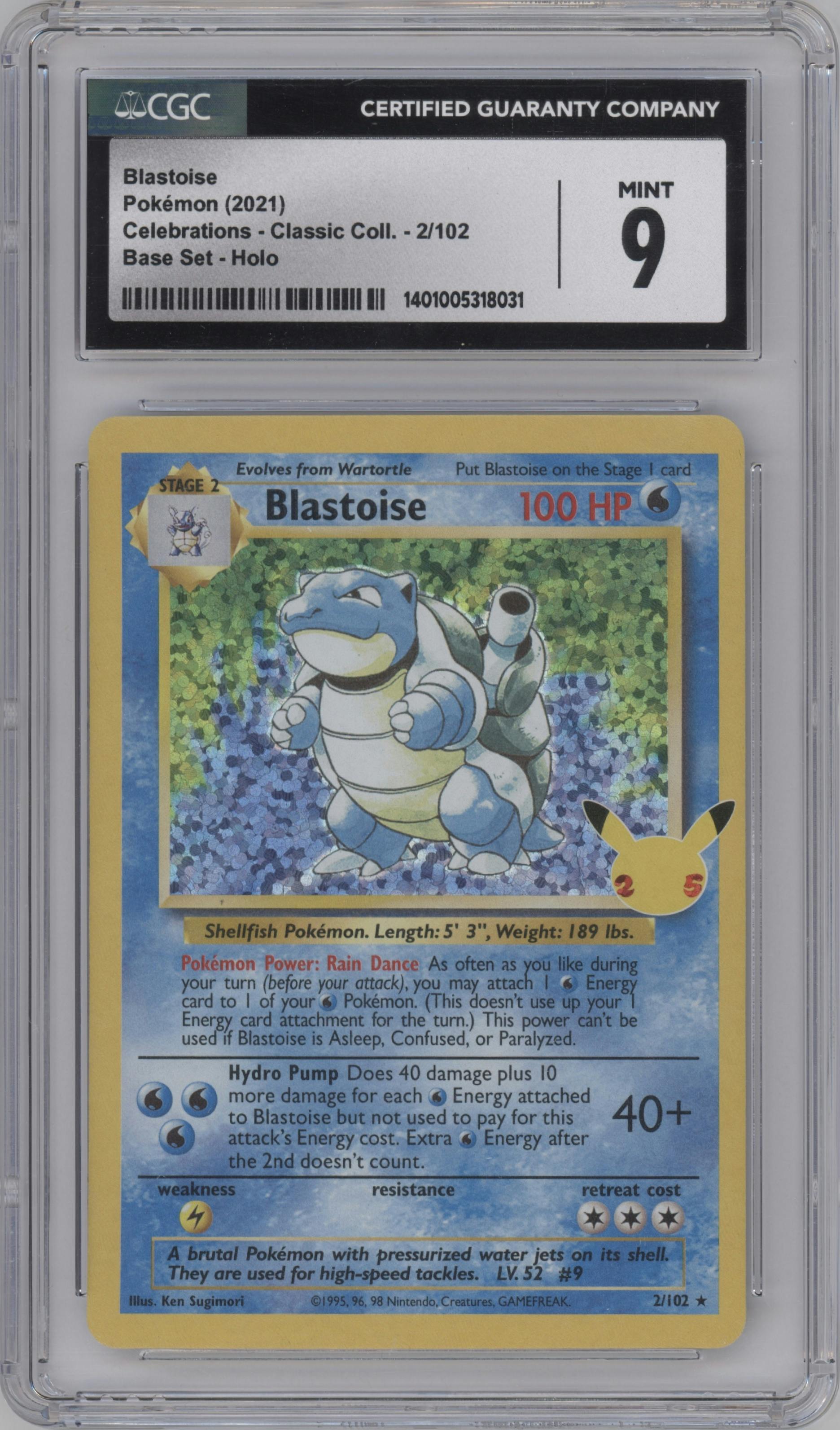 Blastoise from the 2021 Pokemon SWSH set featuring a Base Set parallel graded by CSG and given an overall grade of 9.