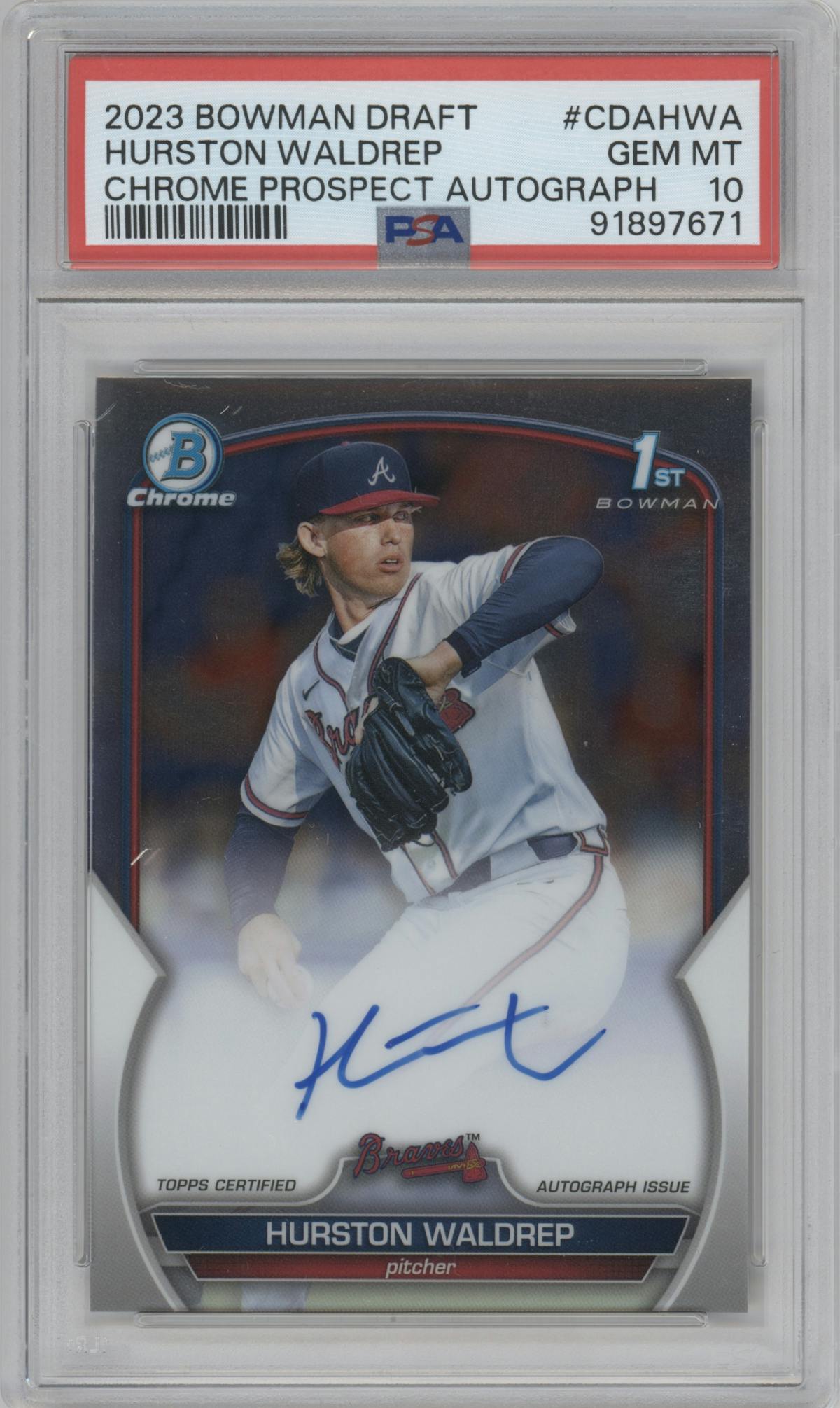 Hurston Waldrep from the 2023 Bowman Draft set graded by PSA and given an overall grade of 10.