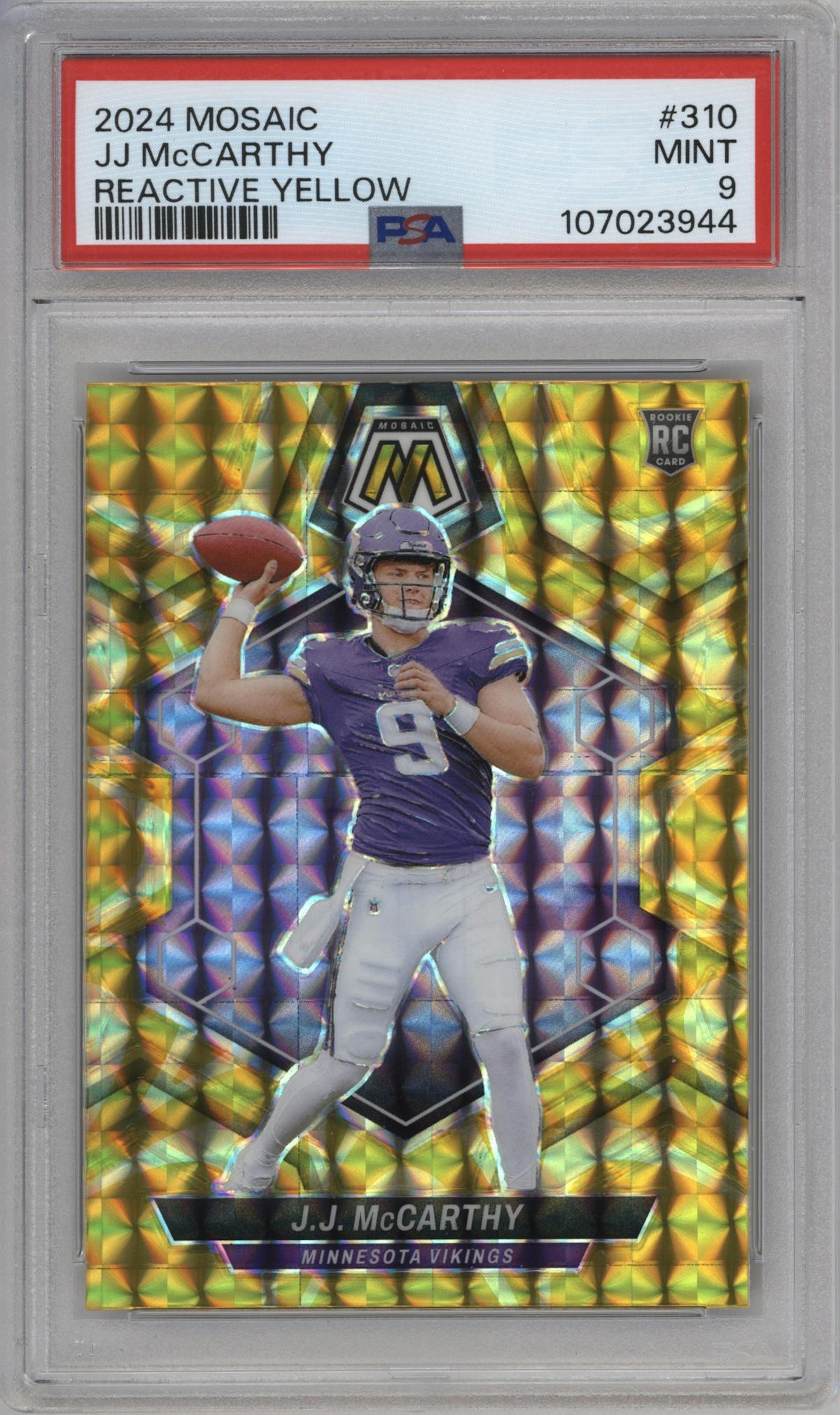 J.J. McCarthy from the 2024 Panini Mosaic set featuring a Reactive Yellow parallel graded by PSA and given an overall grade of 9.
