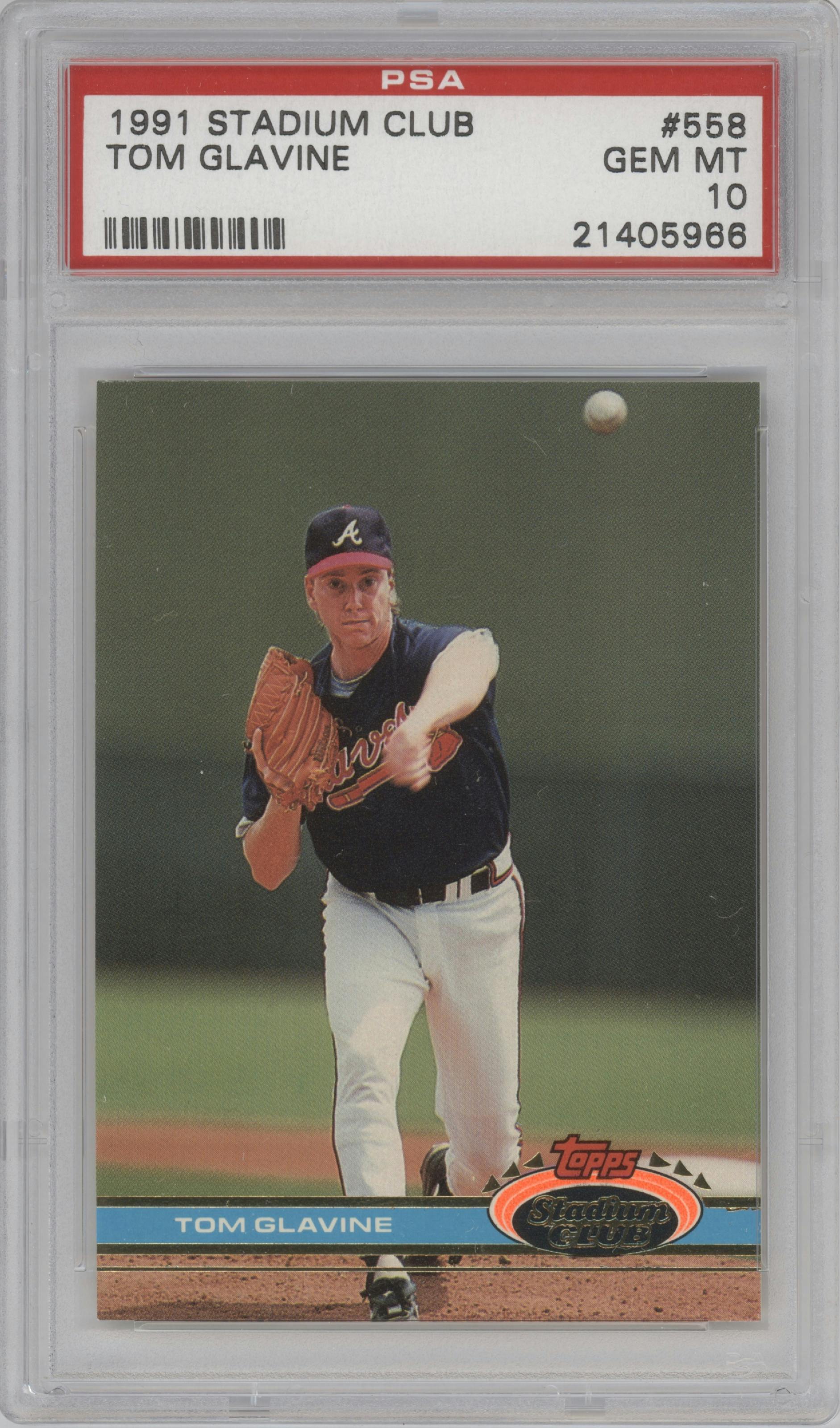 Tom Glavine from the 1991 Topps Stadium Club set graded by PSA and given an overall grade of 10.