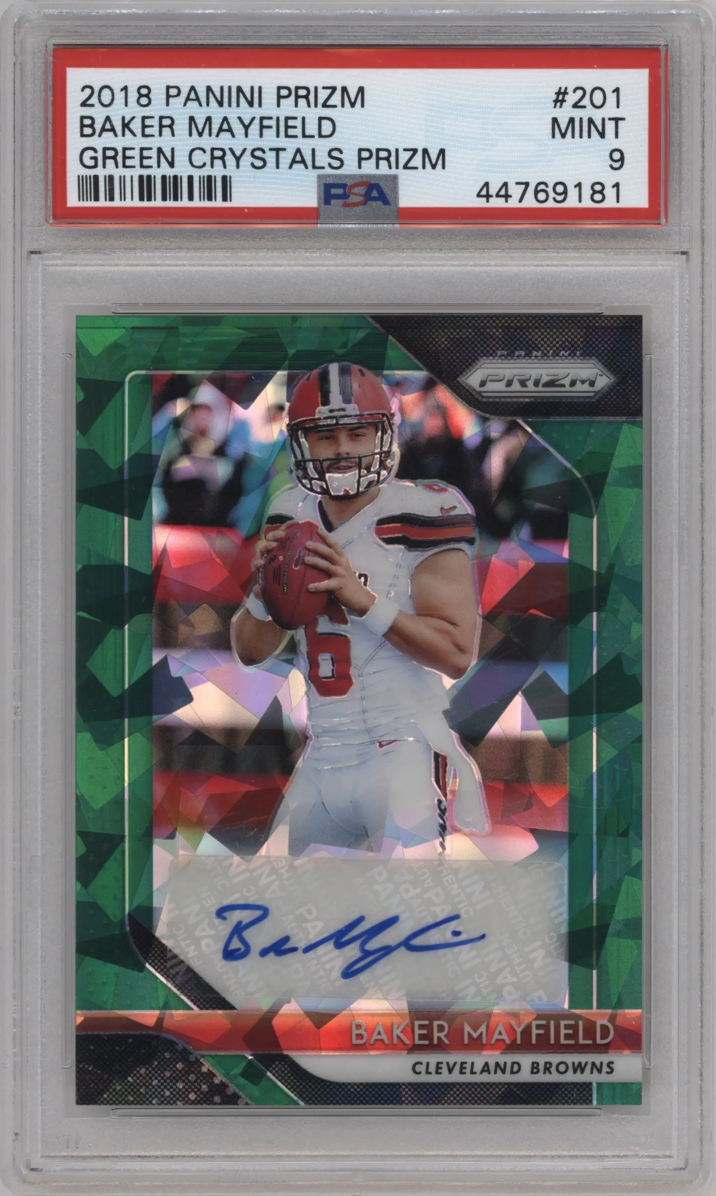2018 Panini Prizm Rke.Auto Baker Mayfield Green Crystals #RA-BM PSA 9