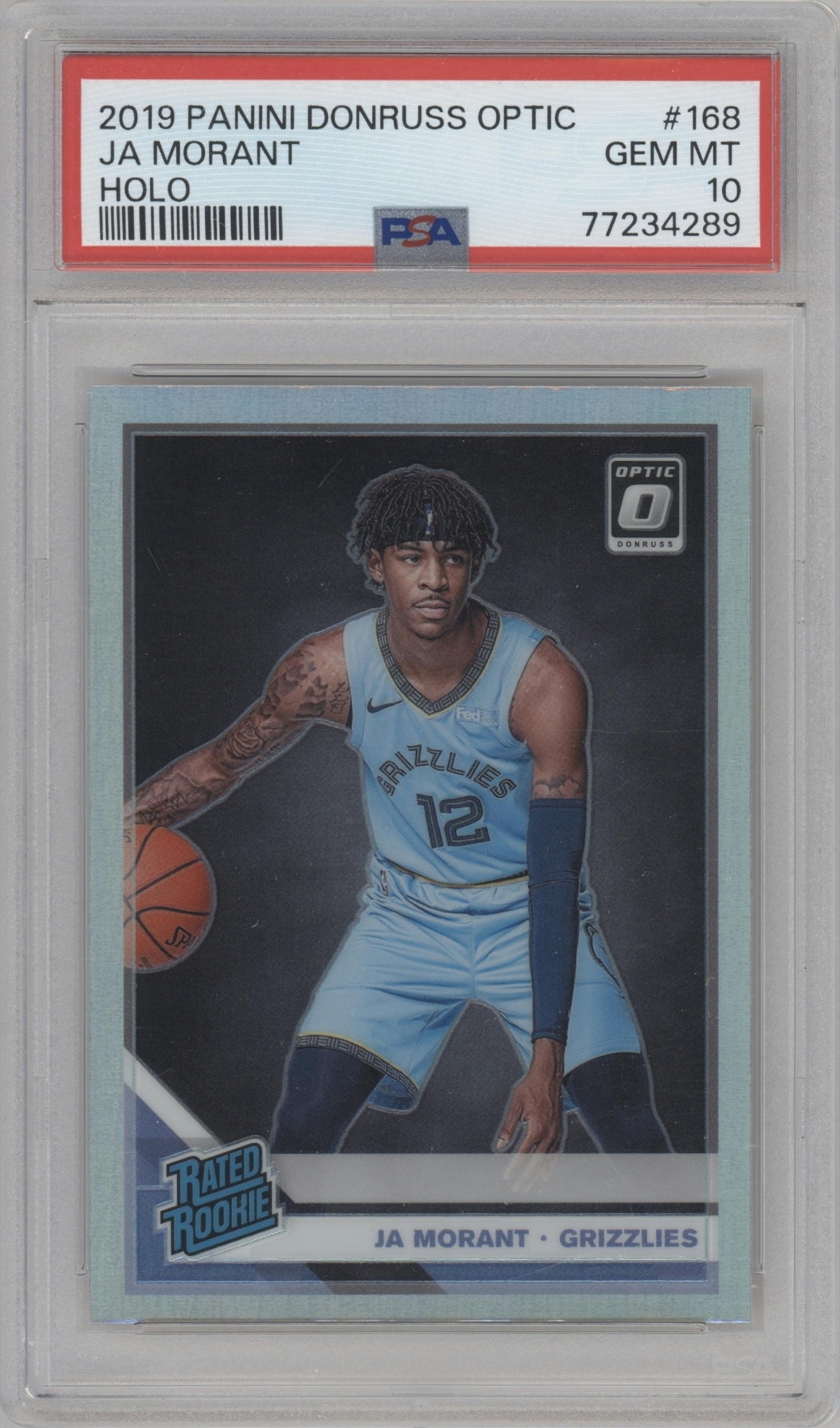 Ja Morant from the 2019-20 Panini Donruss Optic set featuring a Holo parallel graded by PSA and given an overall grade of 10.