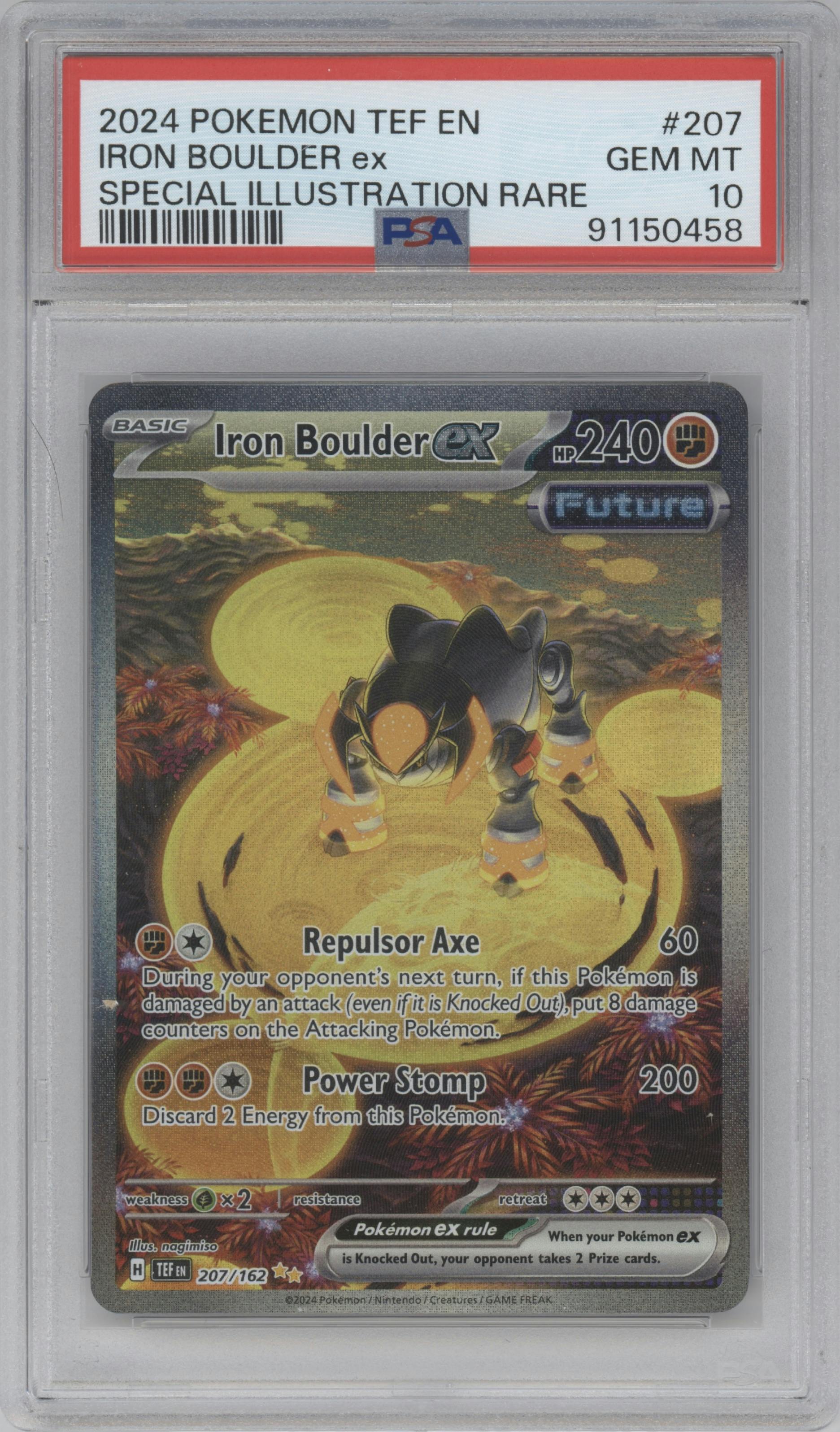 Iron Boulder ex from the 2024 Pokemon SV set graded by PSA and given an overall grade of 10.
