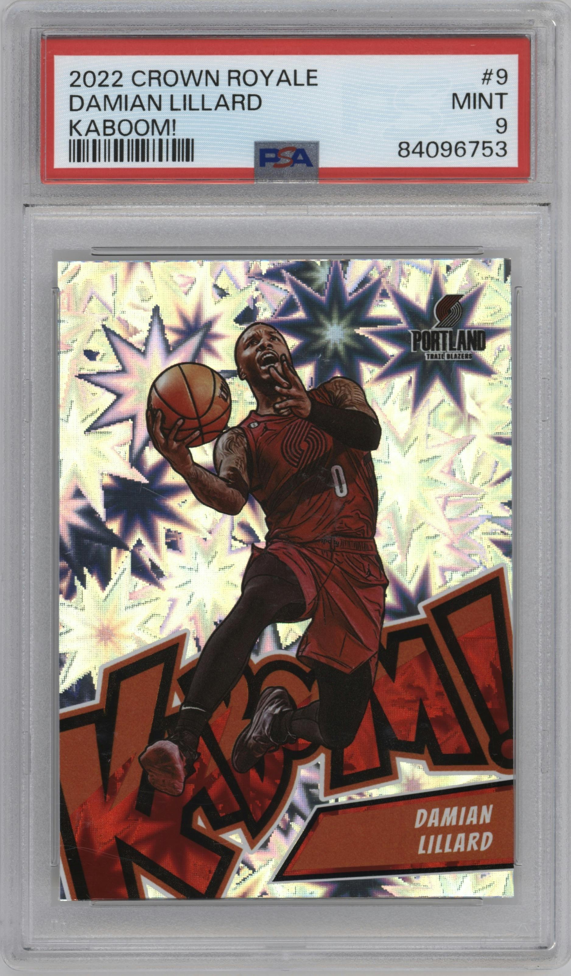 Damian Lillard from the 2022-23 Panini Crown Royale set graded by PSA and given an overall grade of 9.