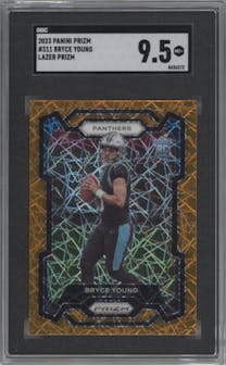 Bryce Young from the 2023 Panini Prizm set featuring a Lazer parallel graded by SGC and given an overall grade of 9.5.
