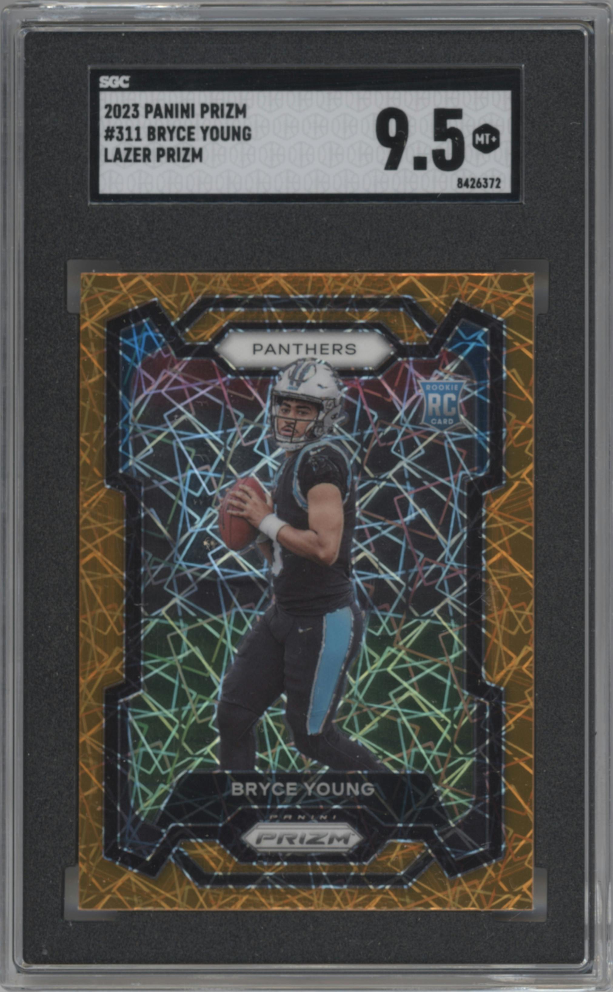 Bryce Young from the 2023 Panini Prizm set featuring a Lazer parallel graded by SGC and given an overall grade of 9.5.