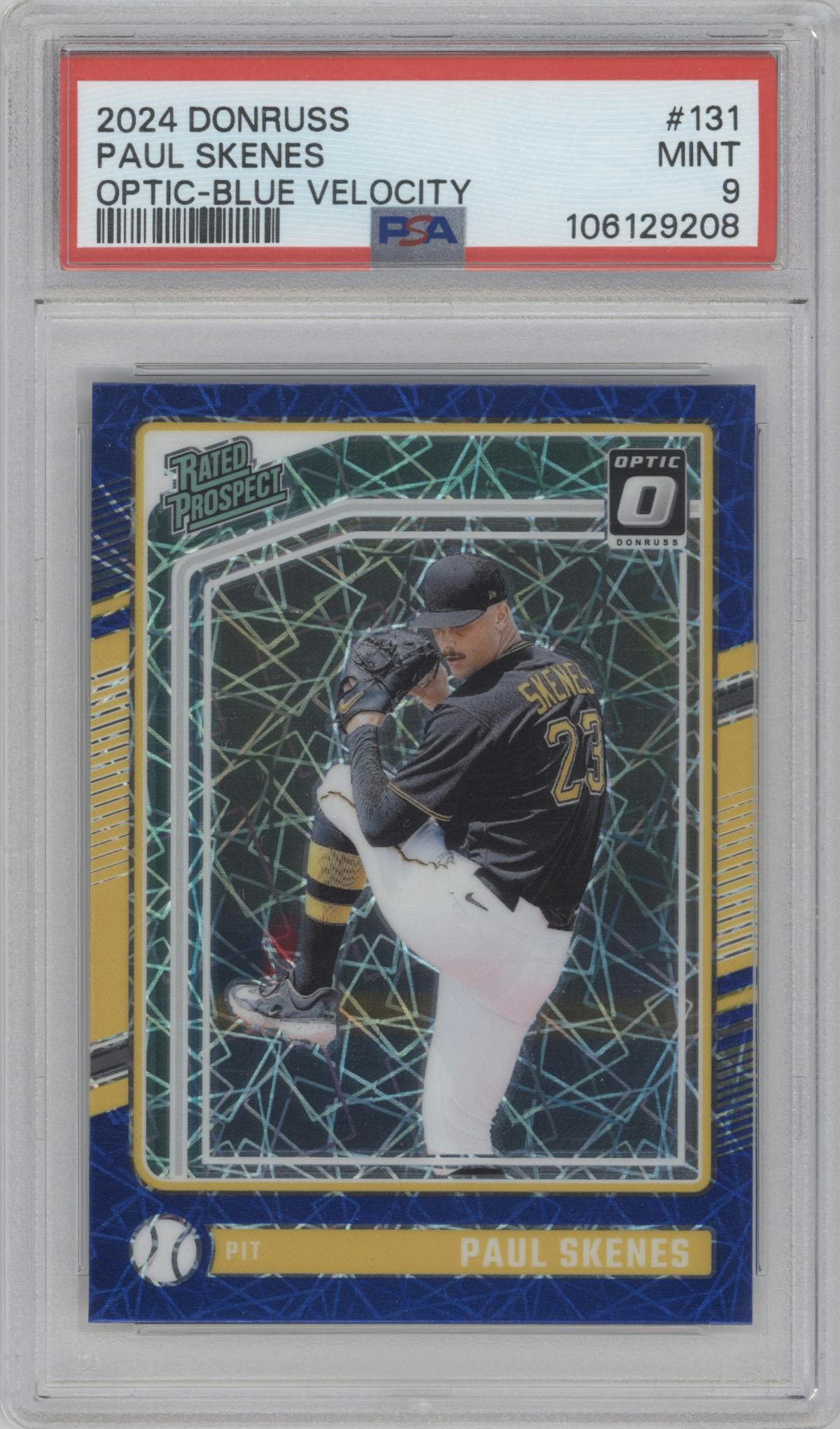 Paul Skenes from the 2024 Panini Donruss set featuring a Blue Velocity parallel graded by PSA and given an overall grade of 9.